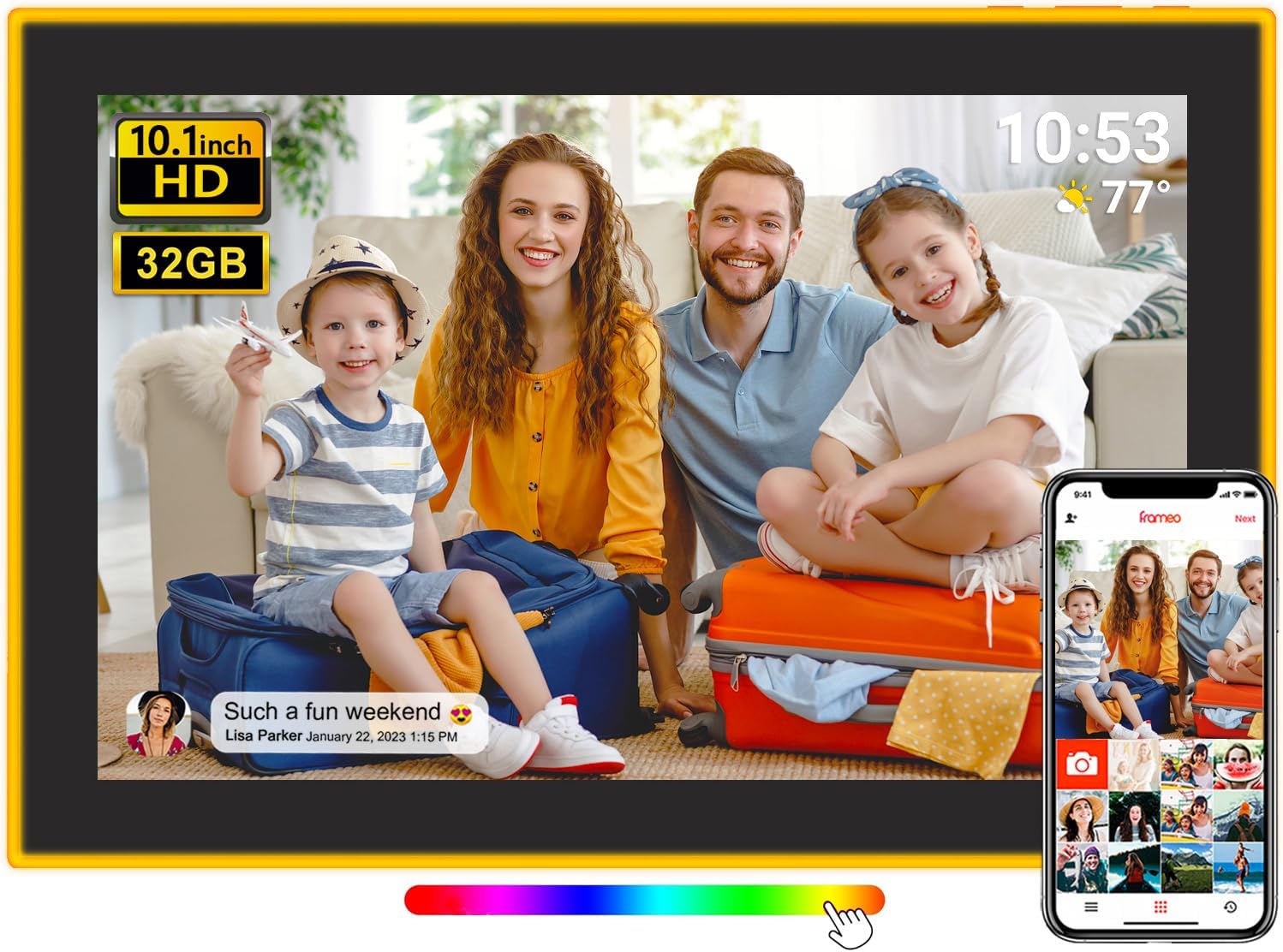 FRAMEO WiFi Digital Picture Frame,Edge-Light Design10.1 inch Photo Frame 32GB,HD IPS Touch Screen LED Light, Wall-Mounted,Easy Set Up Share Photos and Videos via Frameo App