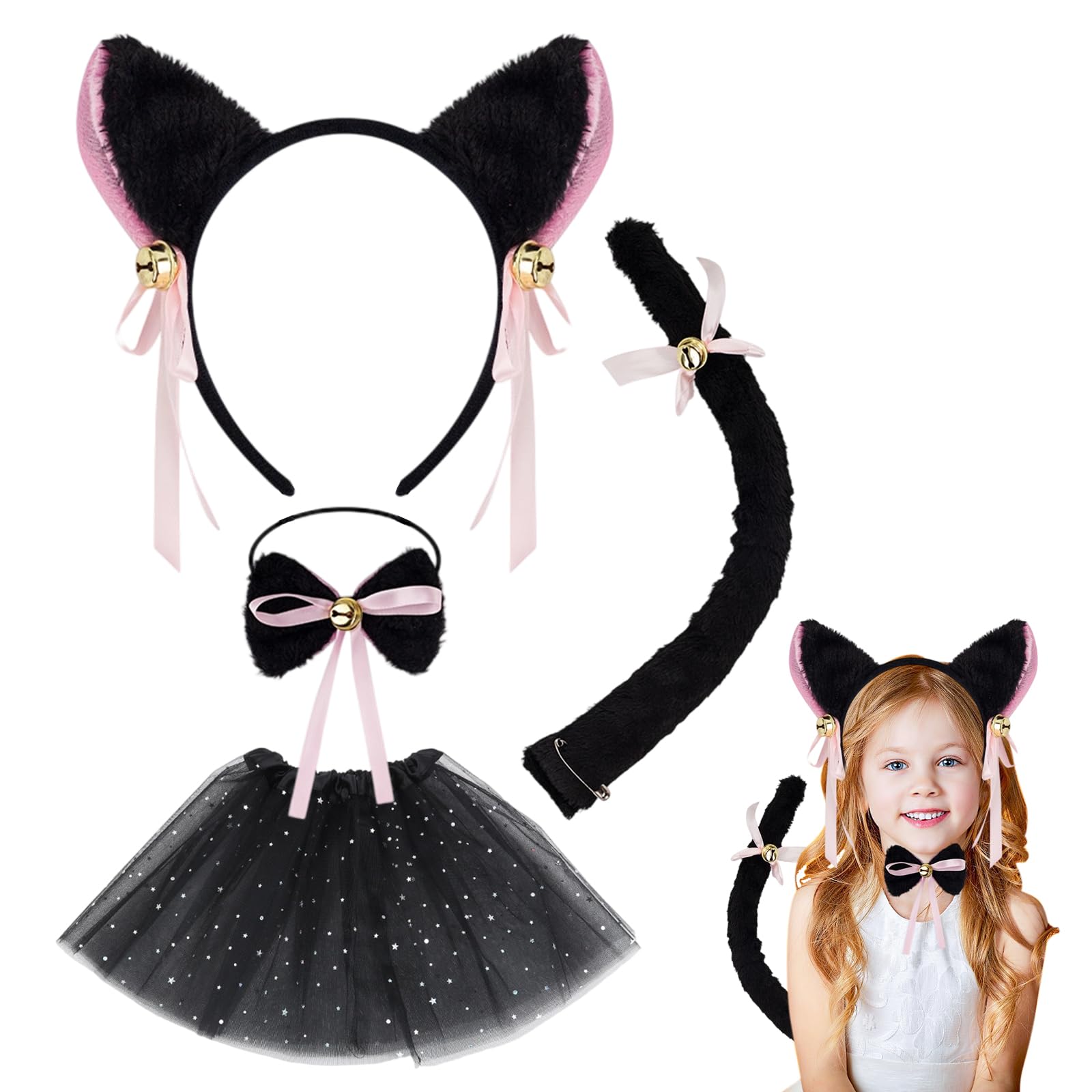 4-Piece Kids Cat Costume Set, Cat Ears and Tail, Black Cat Costumes for Kids, Halloween Party Cosplay Outfit with Headband, Bow Tie, Tail, and Dress, Perfect for Anime Conventions and Themed Events