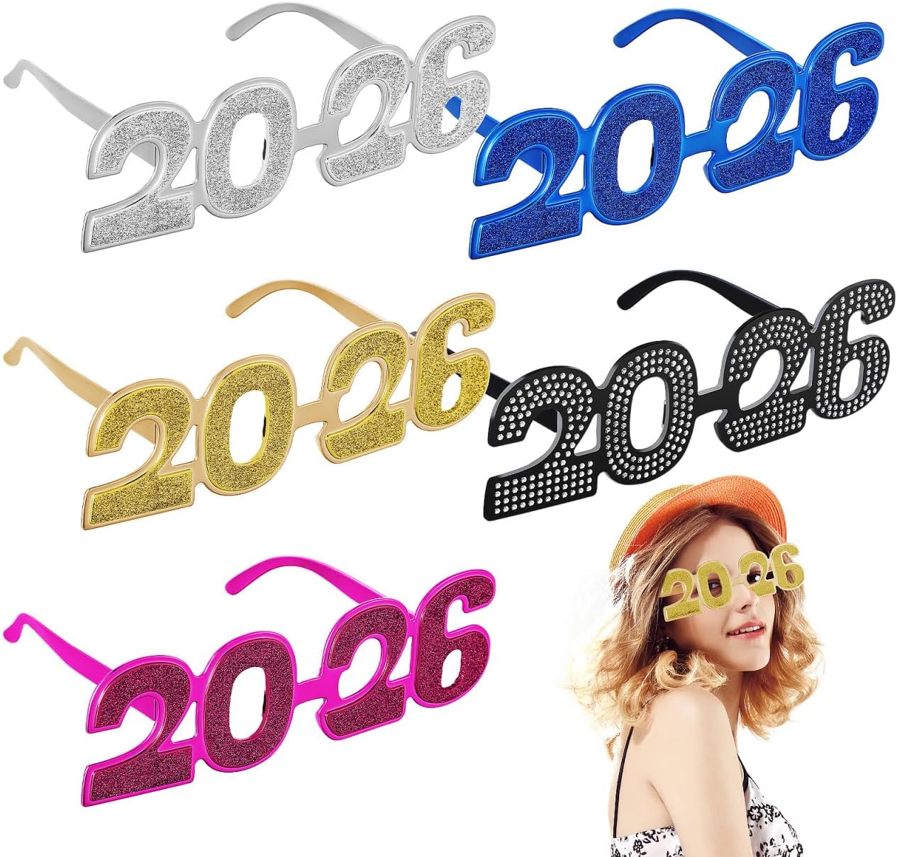 Kisangel 2026 Glasses Glitter Number Eyeglasses for New Years Eve Graduation Party Favors Holiday Photo Booth Props Novelty Eyewear