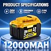 Paquete de 2 baterías de 12000mAh de repuesto para Dewalt 20V MAX, alta capacidad compatible con herramientas inalámbricas DCB200 DCB201 DCB203 DCB204 DCB205 DCB206 DCB207 3