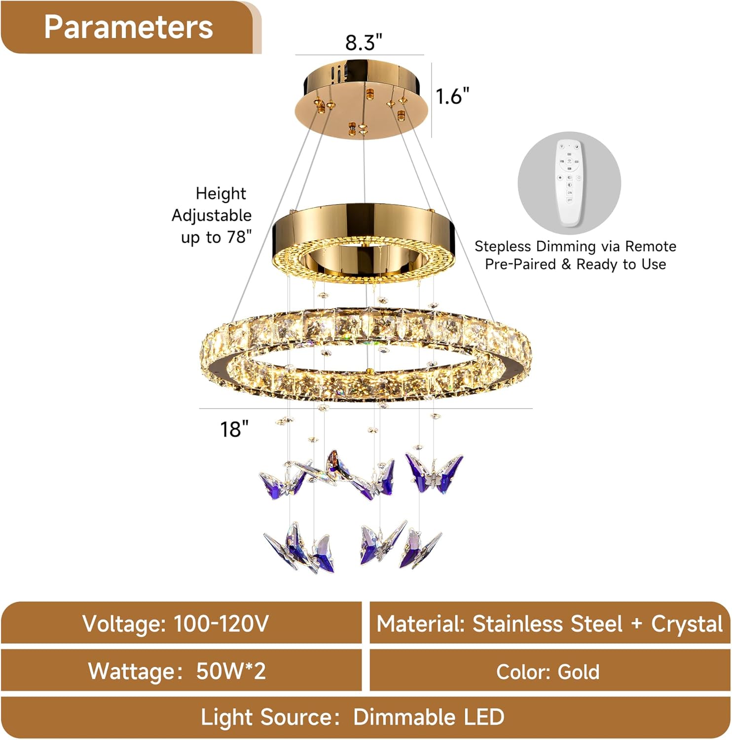 D 18" LED Gold Crystal Butterfly Chandelier, Dimmble LED Light Fixtures with Remote, Gold Modern Round Ring Crystal Chandeliers, for Dining Room, Kitchen Island, Entryway, Living Room, Bedroom