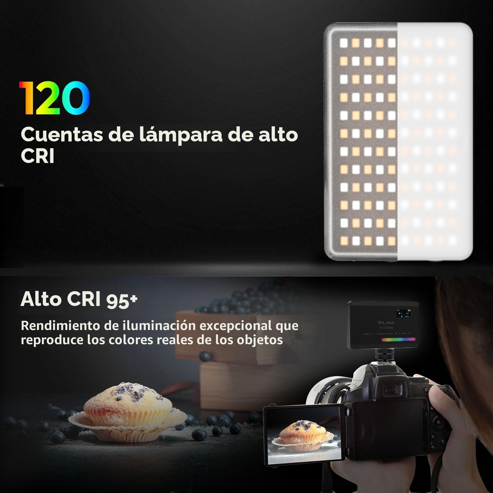 ULANZI VL120 RGB Luz de vídeo LED, luz de vídeo de 5" Regulable 2500K-9000K, luz de cámara con Soporte de Zapata fría, batería incorporada de 3100mAh, luz para fotografía de vídeo con cámara