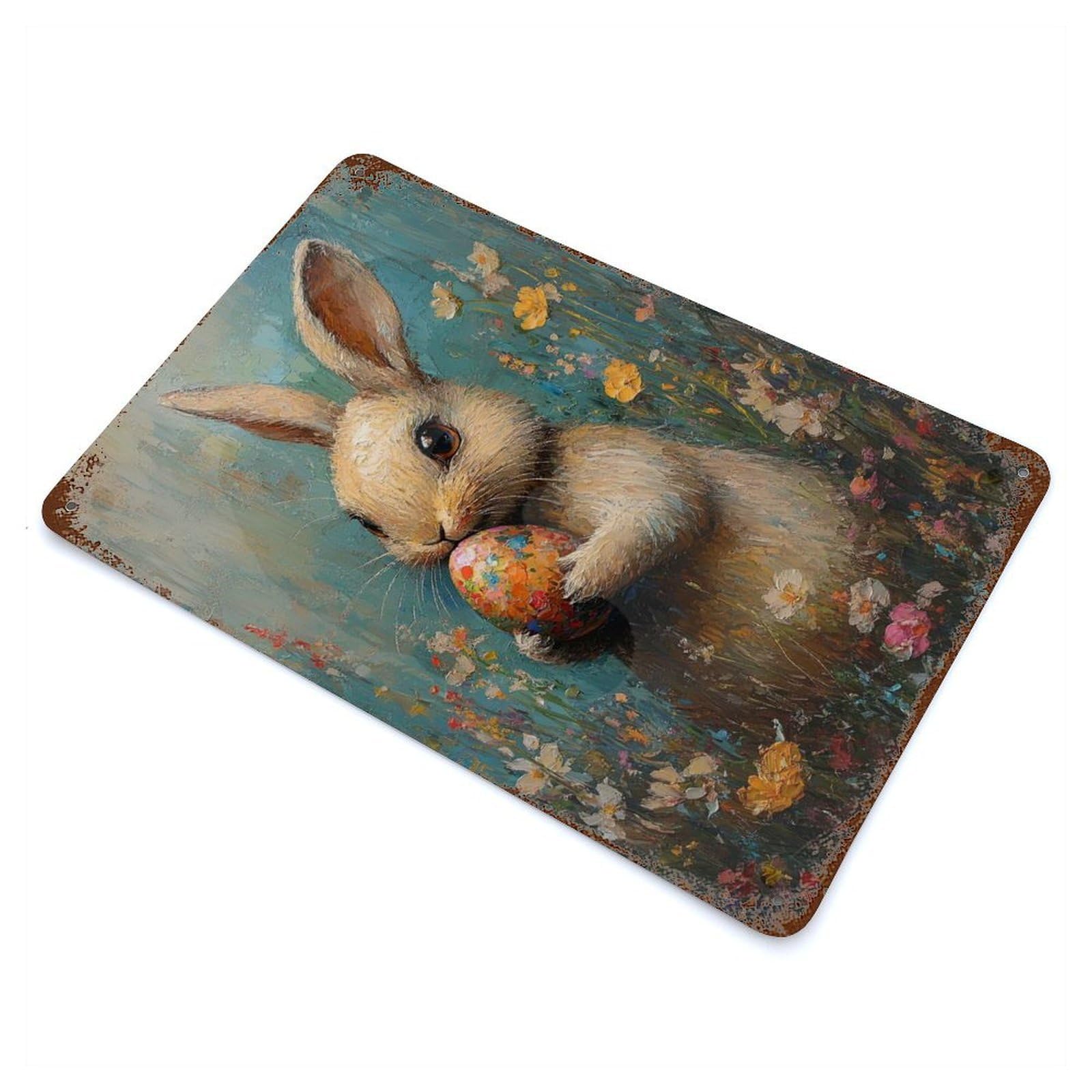Garage Style Easter Bunny with Egg Aged Metal Wall Plaque 11.8"x7.9", Farmhouse Wall Decor for Bar And Workshop