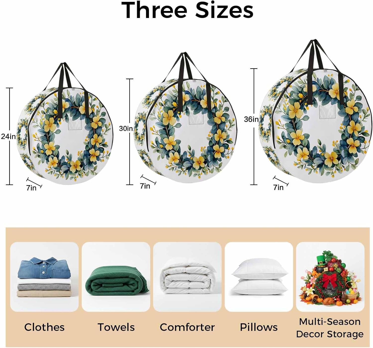 Yellow Flower Eucalyptus Wreath Round Storage Bag 36 Inch, Country Watercolor Floral Green Leaf Clothes Storage Container with Handles Heavy Duty Organizer for Comforter, Bedding & Holiday Wreaths