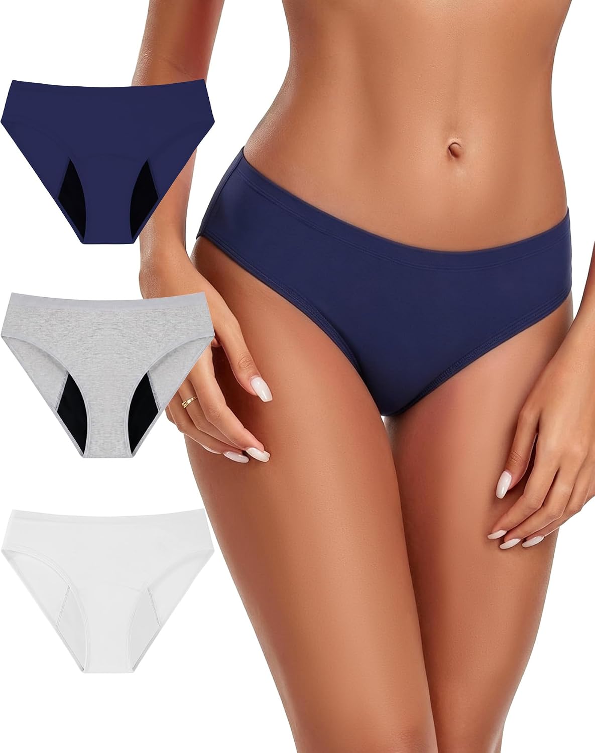 Incontinence Underwear for Women Washable Leakproof High-Cut Bikini Panties for Bladder Leaks 40ml Absorbency Reusable Full Coverage Urine Protection (Navy, Light Blue, Pink M)