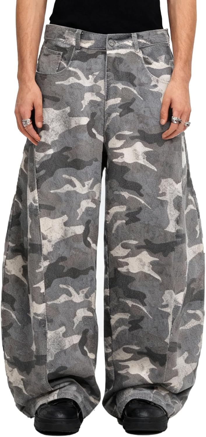 Bakyarder Unisex Vintage Camo Barrel Jeans Wide Leg Denim Pants Military Cargo Style Loose Streetwear Trousers