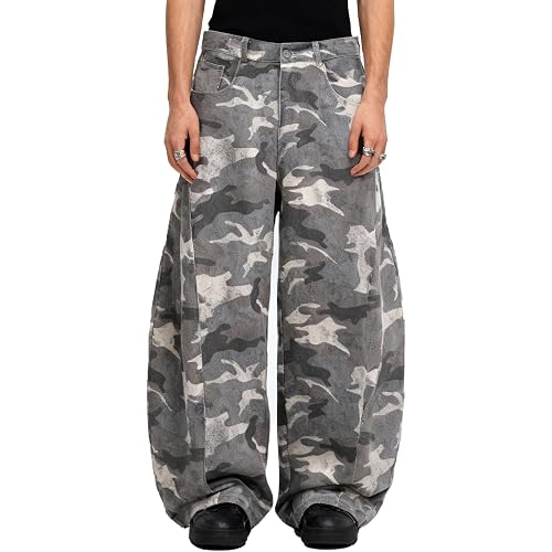 Bakyarder Camo Baggy Barrel Jeans for Unisex Wide Leg Loose Fit Denim Pants Y2K Streetwear Trousers