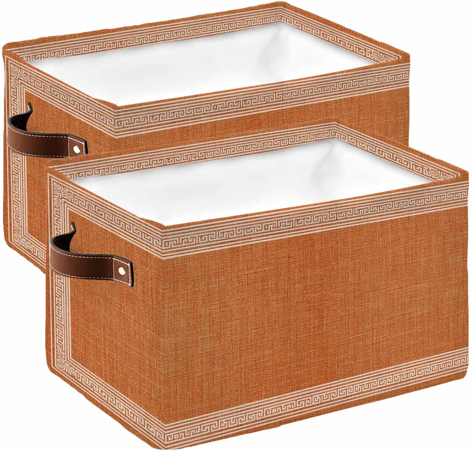 Warm Orange Retro Greek Key Storage Bins Cubes Waterproof Cloth Storage Basket,Geometric Greece Ancient Farmhouse Storage Bags for Shelf Clothes Storage Organizers with Handles 15x11x9.5 in 2PCS