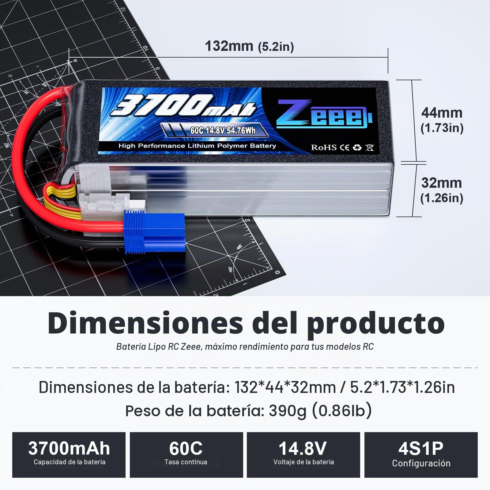 Zeee 4S Lipo Batería 14.8V 60C 3700mAh RC Batería con Conector EC5(2 pcs)