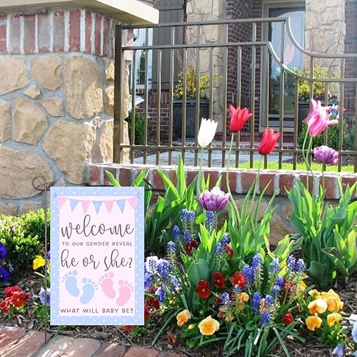 Miniatura 6 de Bandera de jardín de 12 x 18 pulgadas, bandera rosa y azul de doble cara, bandera de revelación de género para niño o niña, huella de bebé, pancarta
