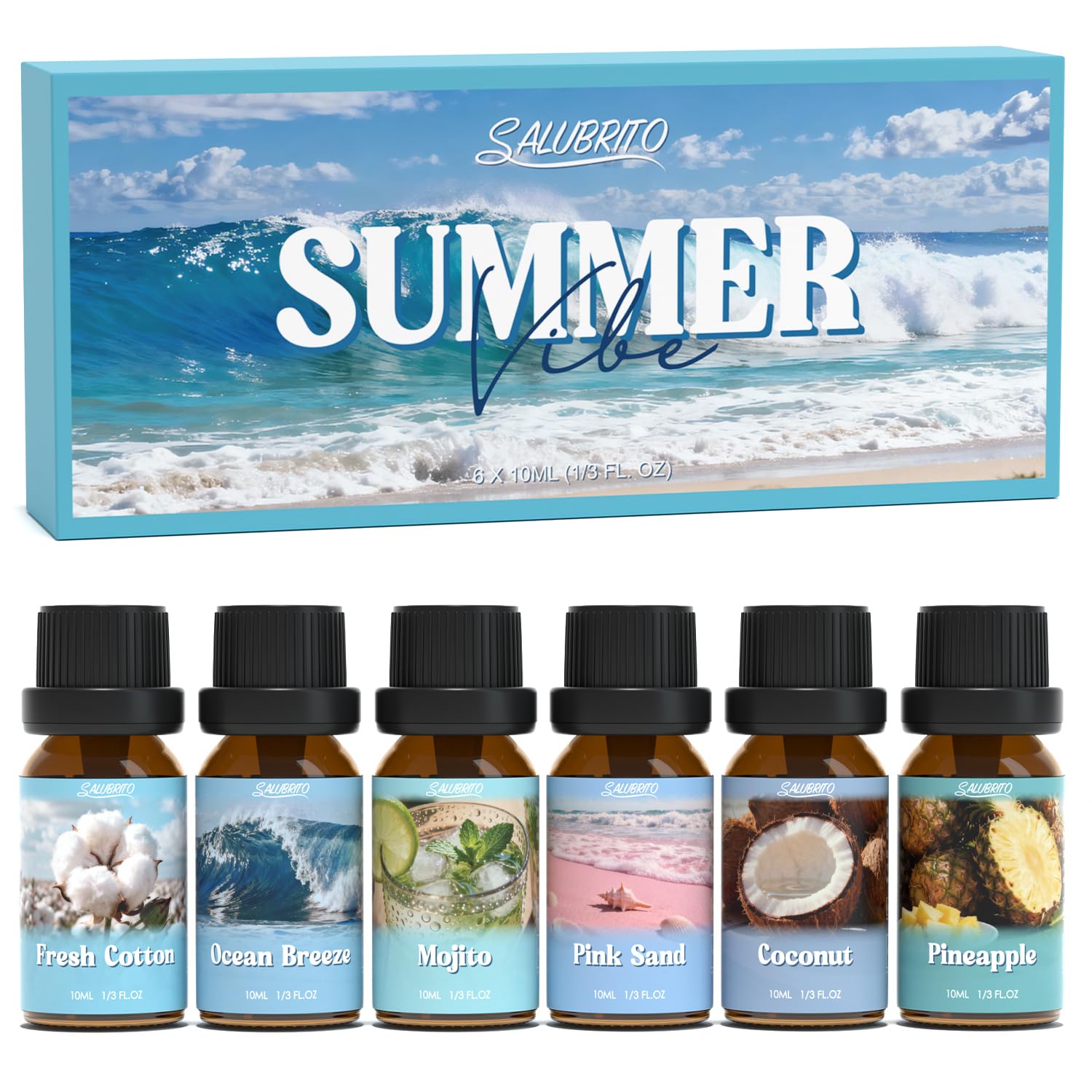 SALUBRITO Summer Fragrance Oils Set, Premium Essential Oils Set for Diffuser, Candle, Soap Making, Fresh Cotton, Coconut, Mojito, Pineapple, Ocean Breeze, Pink Island, Strong Scented Oils
