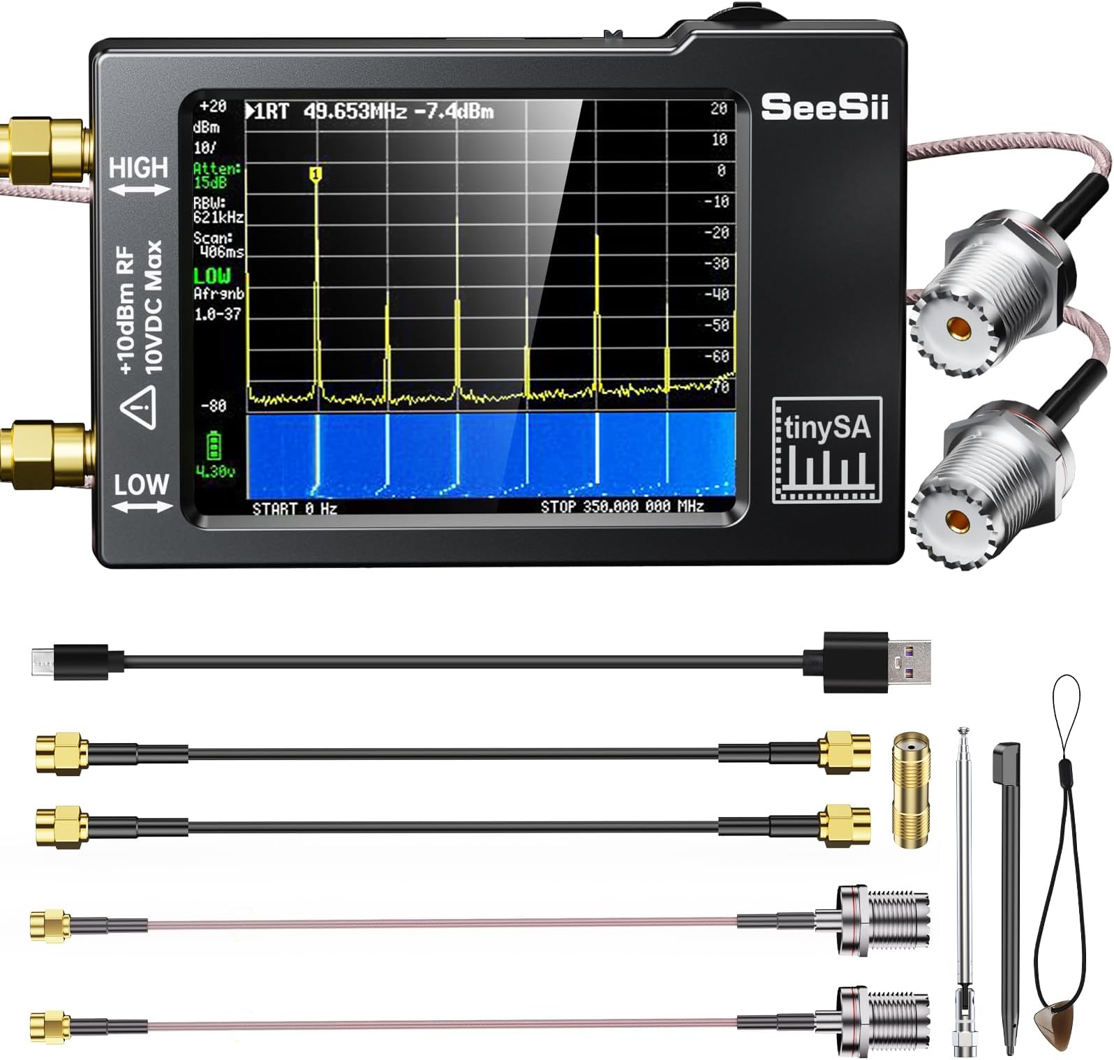 Portable TinySA Spectrum Analyzer, SEESII Upgraded V0.3.1 Tiny Frequency Analyzer with Antenna SMA Male to UHF Female Cables, 100kHz to 960MHz MF/HF/VHF UHF Input, 2.8'' Touchscreen Signal Generator