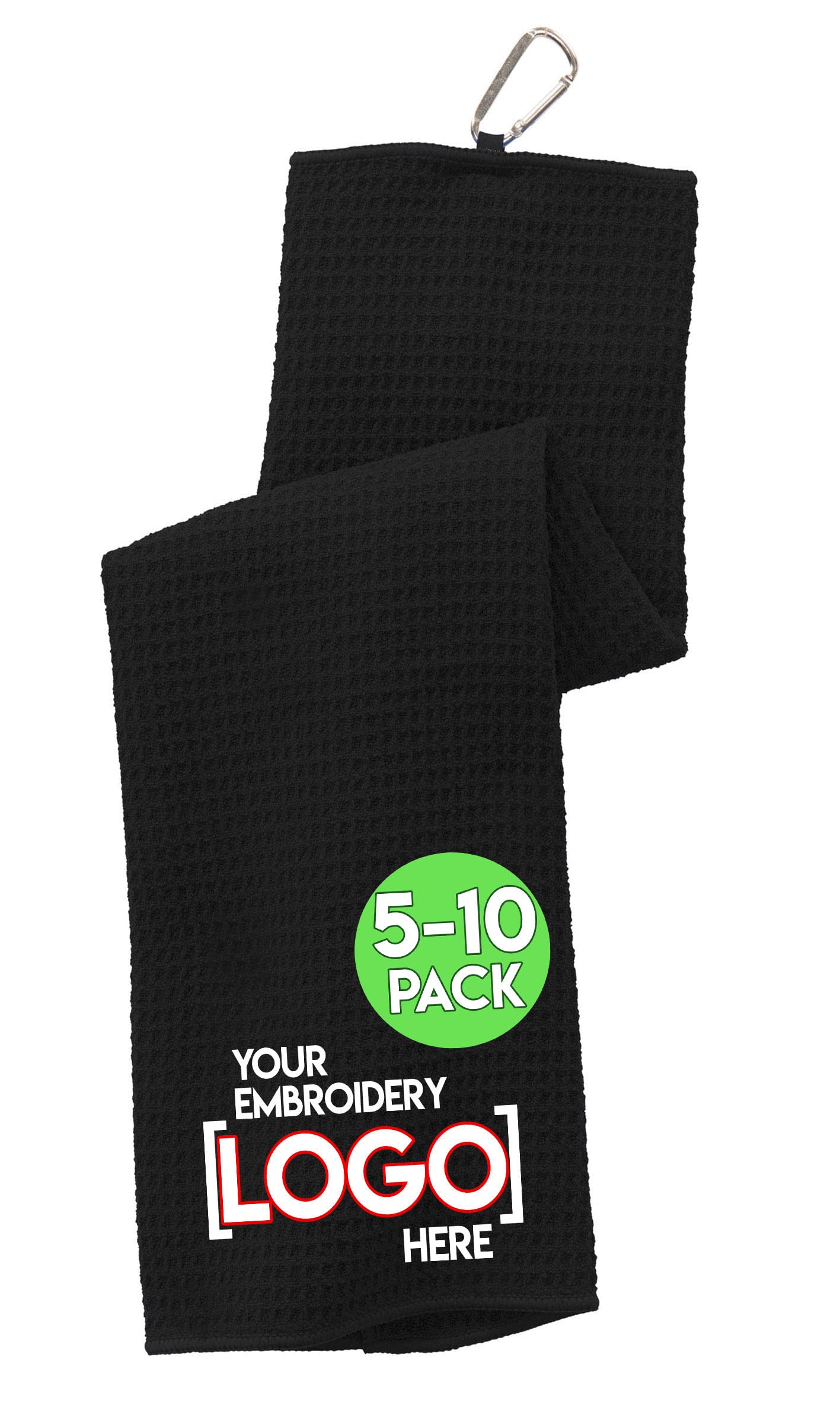 Personalized Custom Golf Towel, 5 or 10 Pack - Add Your Embroidered Logo - Trifold Golf Towels with Center Loop and Carabiner Clip, Hook