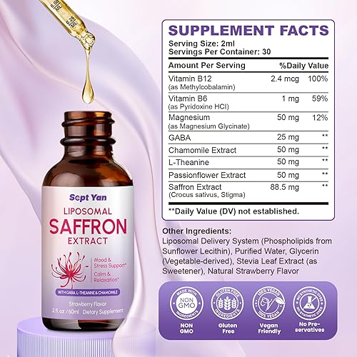 Miniatura 7 de Suplementos de azafrán  88.5 mg, gotas líquidas de extracto liposomal de azafrán con magnesio, extracto de manzanilla, L-teanina, GABA y vitamina B6