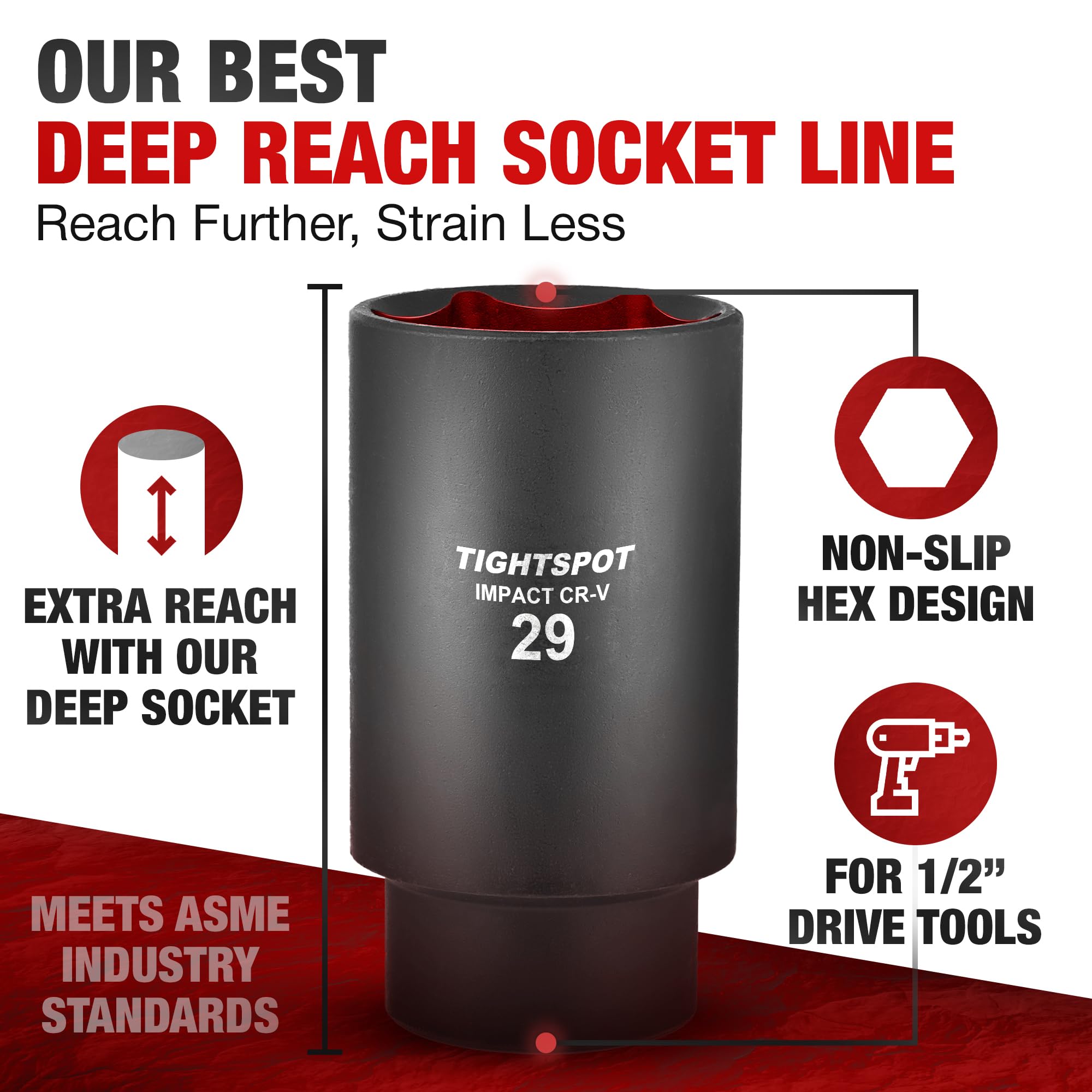 TIGHTSPOT Attacco da 1/2" - Bussola a impatto profonda 29 mm con design anti-arrotondamento a 6 punti, acciaio CRV trattato termicamente, metrico