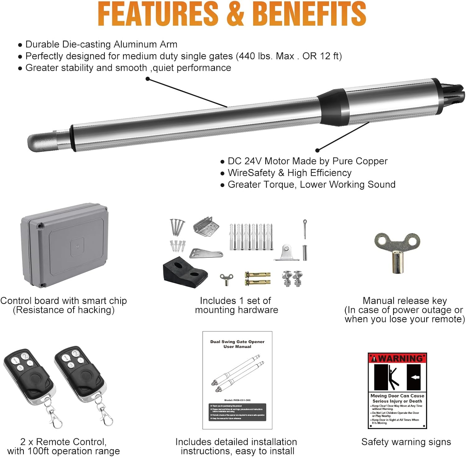 JUJIANG Automatic Gate Opener with Remote Complete Kit + 2 Extra Remote Controls for Swing Gate Up to 440lb per Arm, Electric Gate Opener Light Duty Single Swing Gate Opener 40W AC Powered PKM-C01