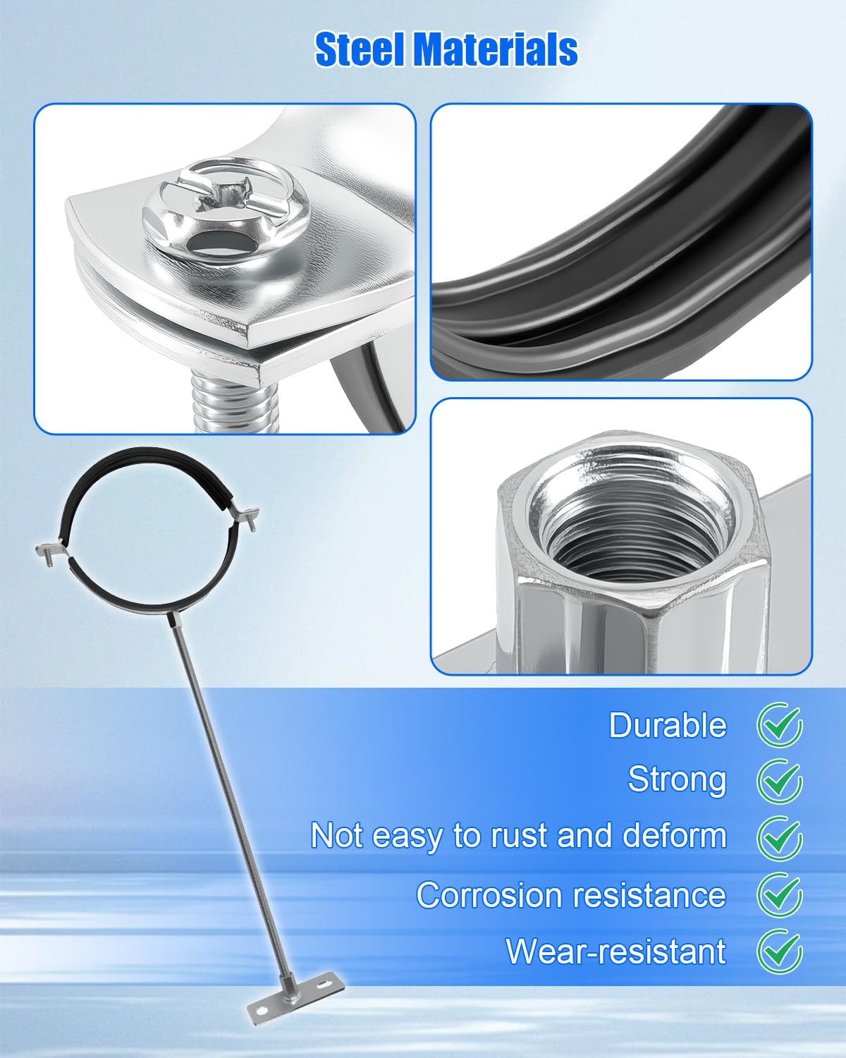 6 Inch Adjustable Pipe Bracket, B Vent Wall Round Gas Vent Pipe Strap | Heavy Duty Split Ring Pipe Hanger Chimney Support Bracket with Anti-Slip Pads 2 pieces, Lengthened 16 Inch Screw