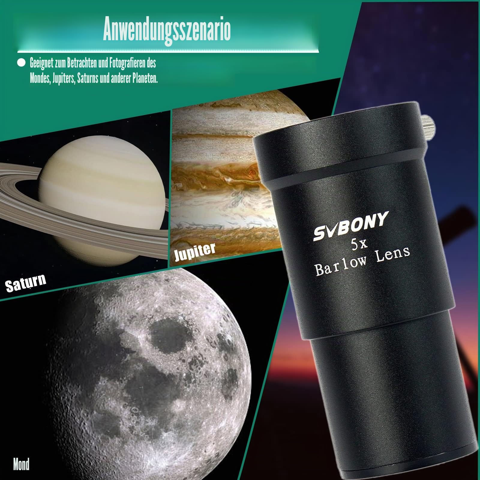 Svbony Barlowlinse 5X, 1,25 Zoll Metall Barlow Full Multi Coated Teleskop Okular Zubehör für Planetenbeobachtung und Astrofotografie