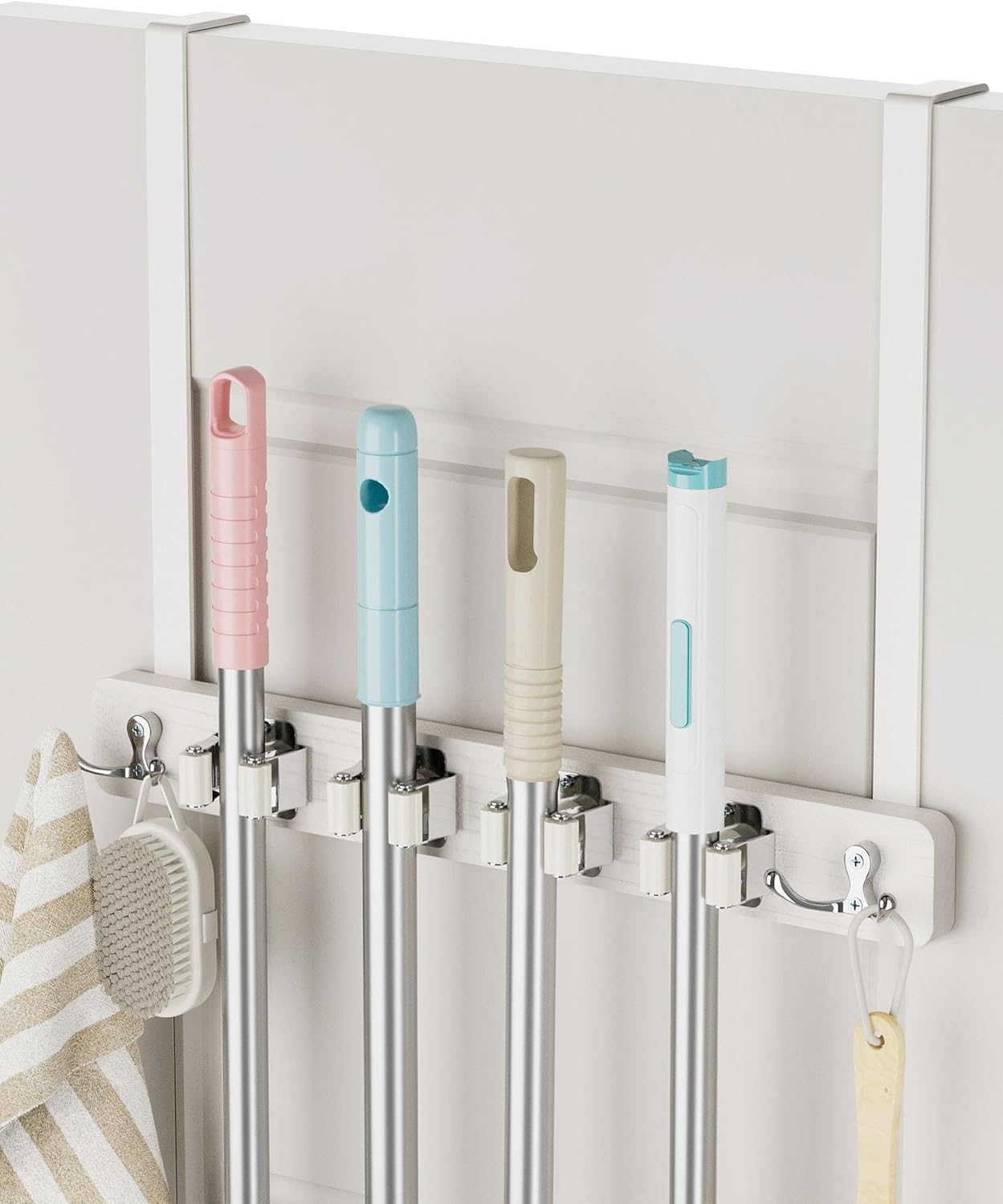 Broom Holder Over The Door Over Door Broom And Mop Rack Over The Door Hooks Organizer With4 Slots & 3 Hooks 1 Storage Basket For Laundry Room, Garage - View #9