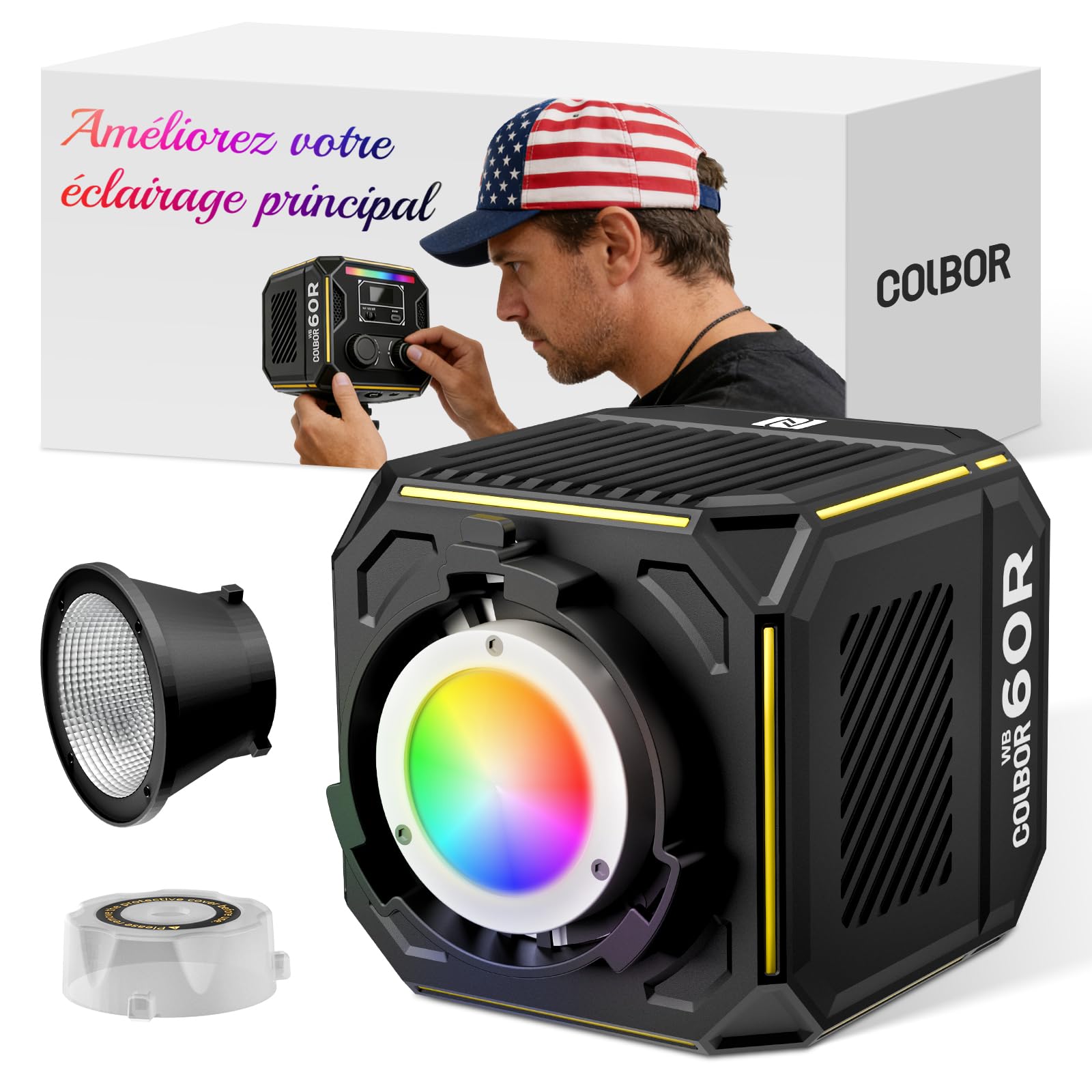 COLBOR 60W Éclairage Vidéo LED avec Batterie Intégrée 59Wh, Video Light COB RGBW Portable, 2700K-6500K Bicolore, CRI 96+, Contrôle par App, Charge PD/DC, Lumière Photo pour Studio et Extérieur