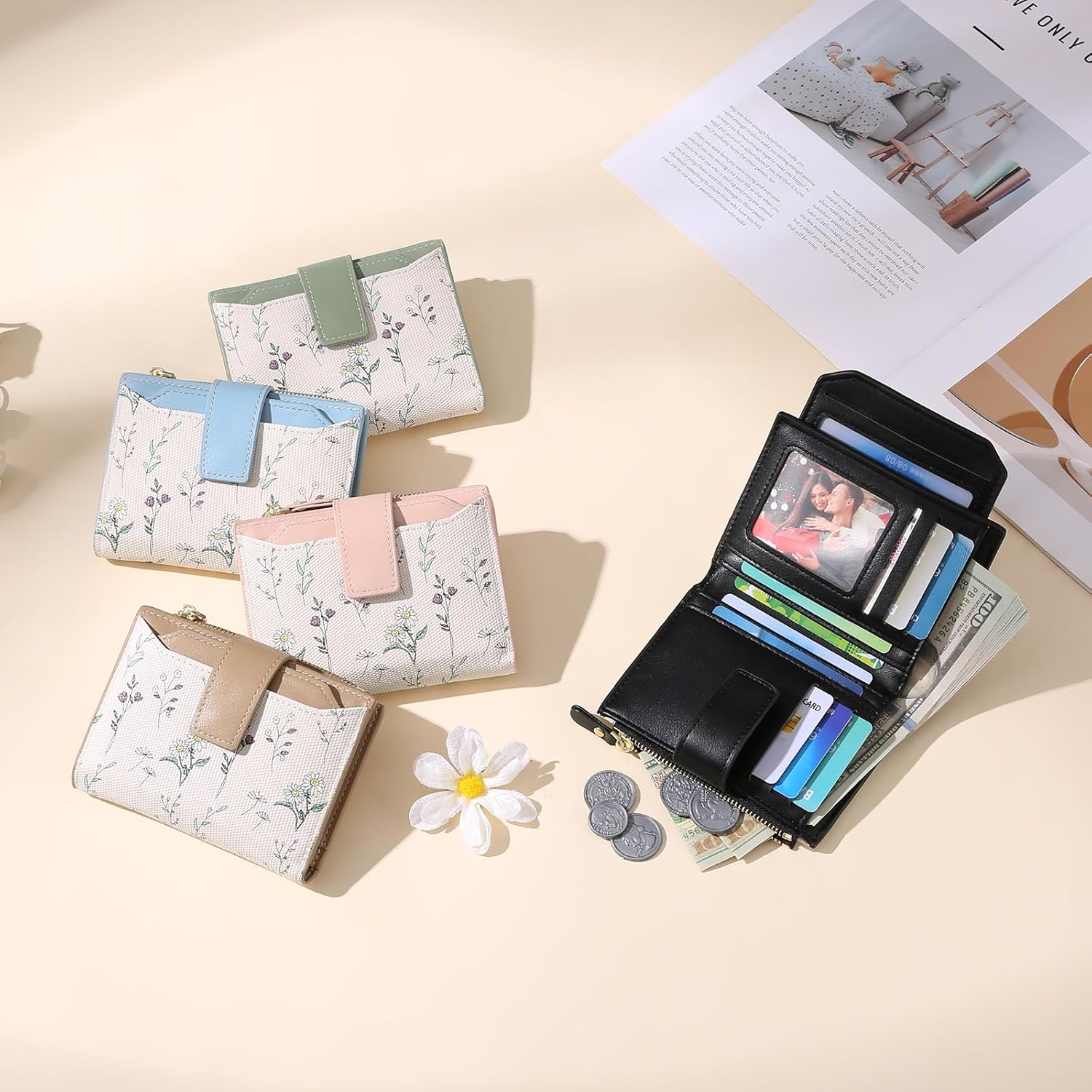 GAEKEAO Small Wallets Woman RFID Blocking Vegan Leather Bifold Floral Ladies Compact Card Holder with Zipper Pocket ID Window - Image 6