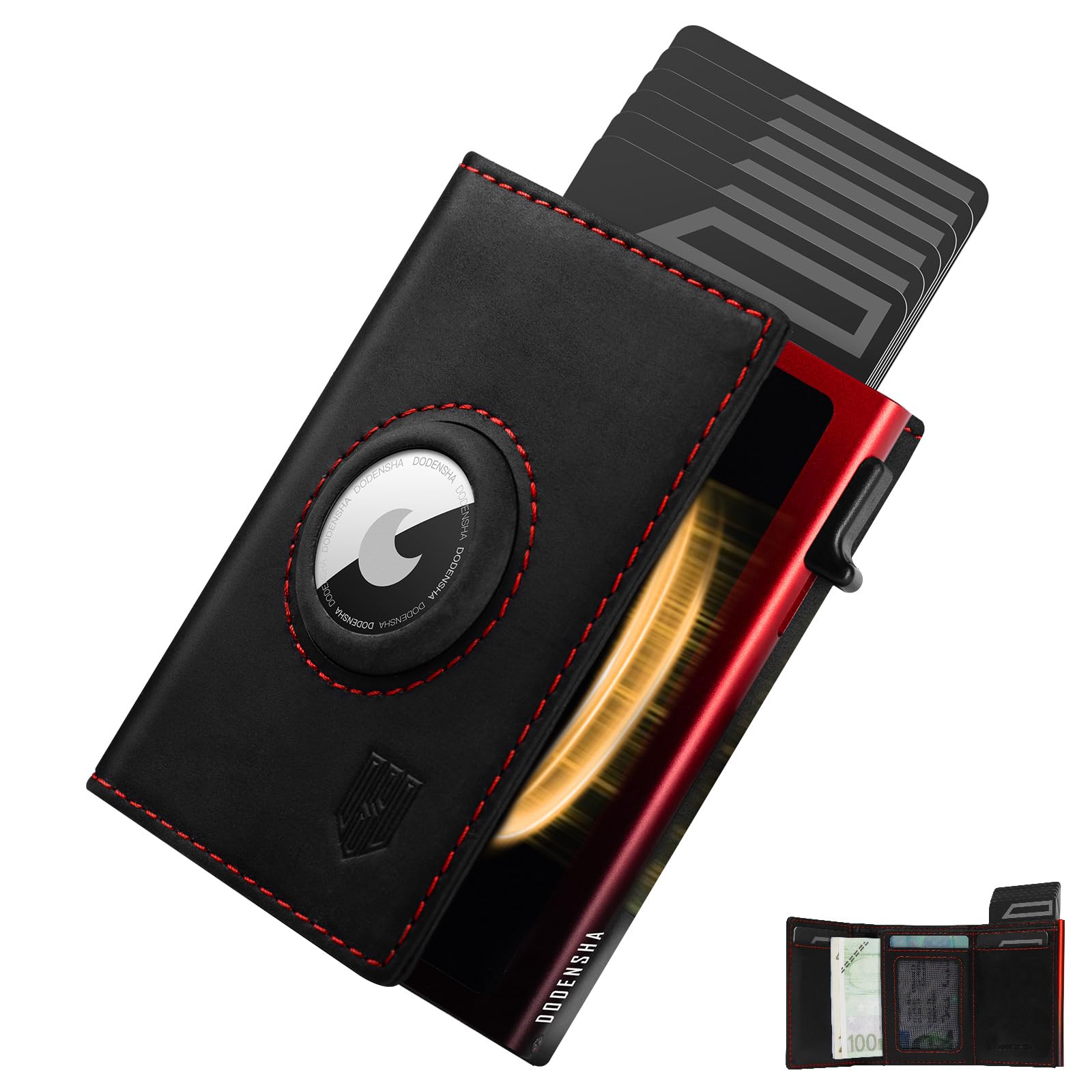 DODENSHA® MagSnap AirTag Wallet für 10+ Karten mit Münzfach I Herren Kartenetui mit RFID Schutz I Geldbörse mit AirTag* Fach I SchwarzRot