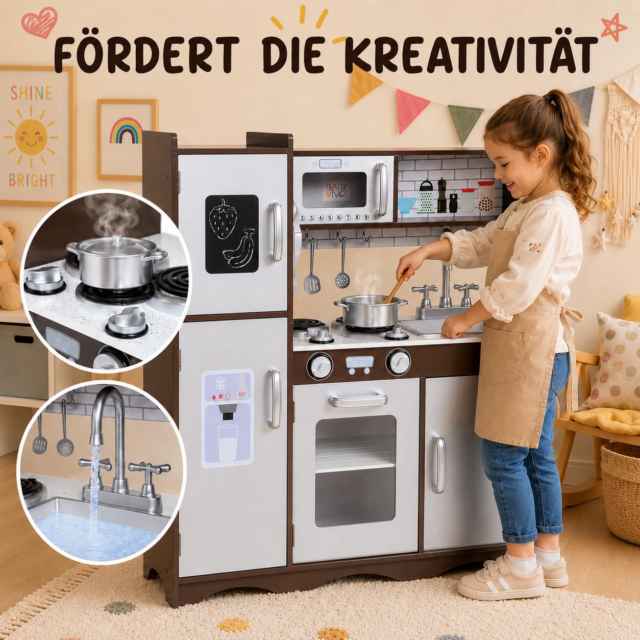 Baby Vivo Kinderküche Spielküche Set aus Holz Kinderspielküche Küche Holzküche Spielzeugküche - Toni in Braun