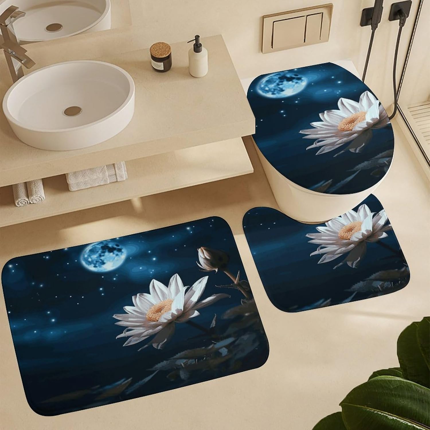 Flower and Moon 4Pcs Shower Curtain Set with Non-Slip Rugs, Toilet Lid Cover and Bath Mat,Bathroom Set Decor Accessories,Curtain Set with 12 Hooks, 72 X 72 Inch
