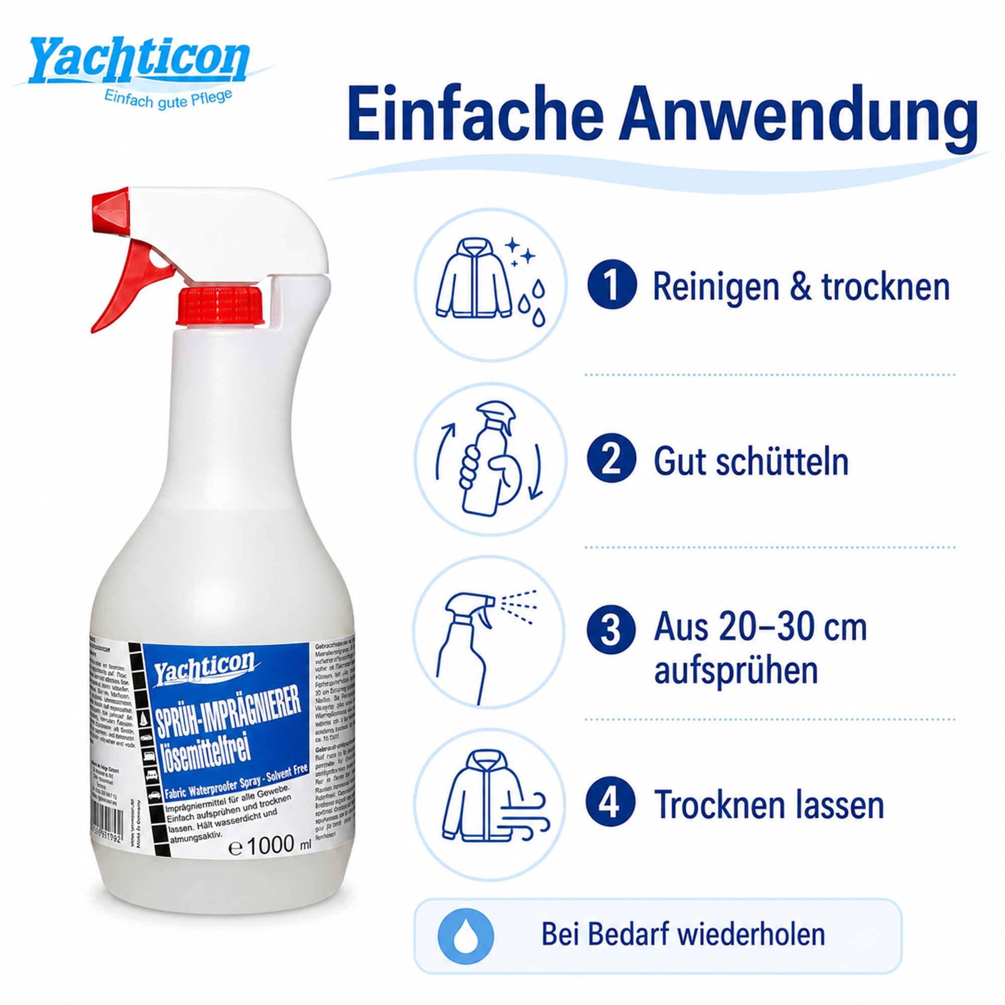 YACHTICON Sprüh-Imprägnierer lösemittelfrei 1000 ml - Schutz vor Wasser, Flecken und Schimmel für Synthetik- und Naturmaterialien