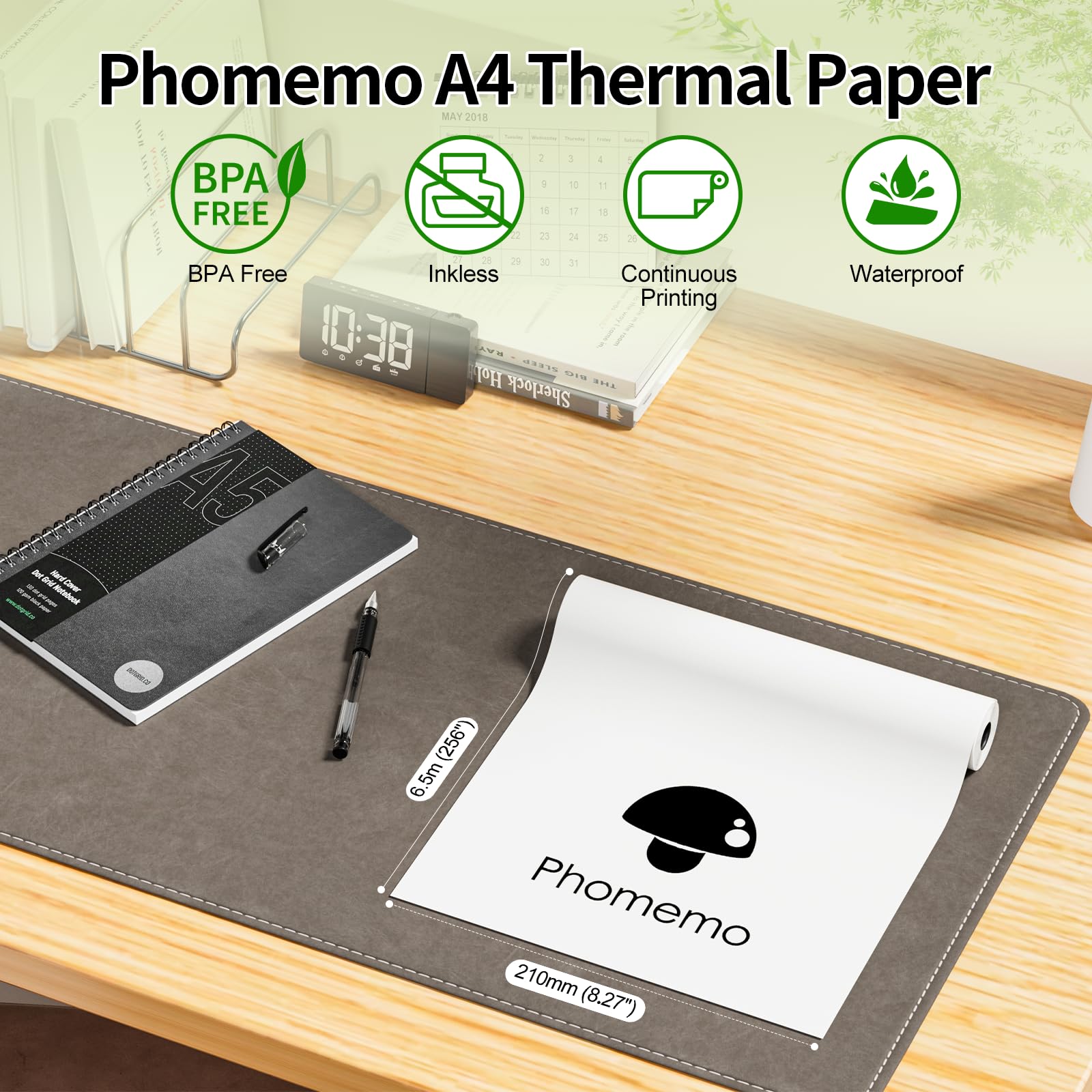 Phomemo Lot de 2 rouleaux de papier pour imprimante thermique A4, 210 mm x 6,5 m Compatible avec Phomemo M832/M833/M834/M835/M836 Imprimante portable A4, pour voyage, maison, photo, facture