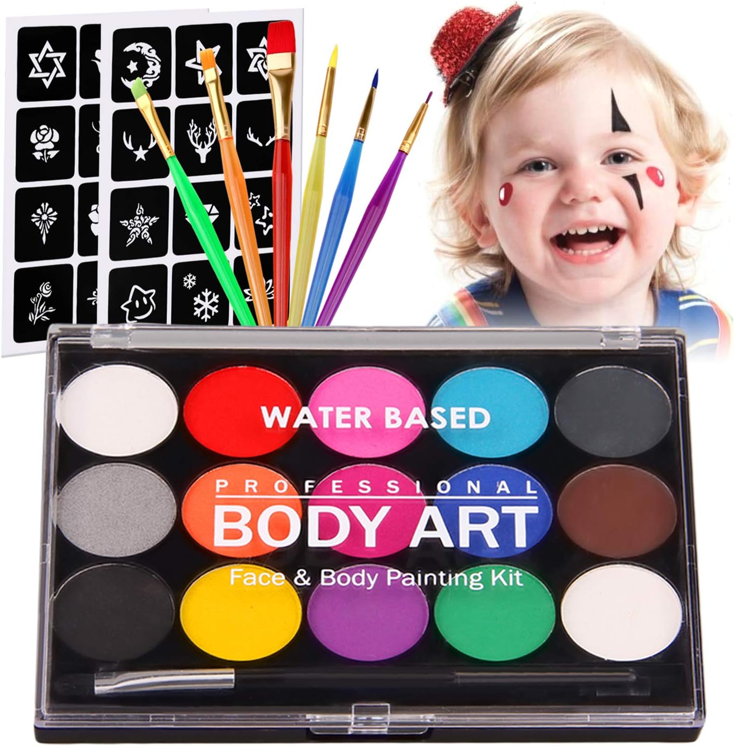 Joyhoop Face Paint Kit, Professional Body Face, 14 Colors 2 Glitters 2 Brush 4 Sponge 2 Sheet Acrylic Stickers for Easter Holiday Cosplay Party Makeup (Style B)