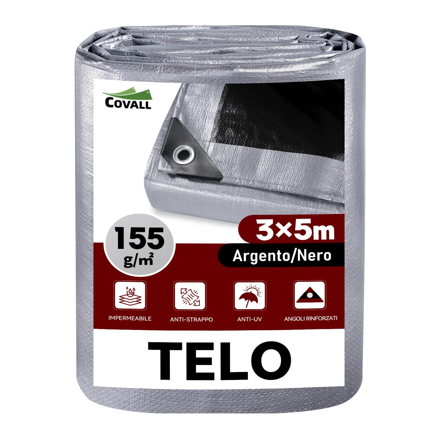 Telone Impermeabile Esterno 3x5m 155 gr/mq, HDPE Rinforzato Occhiellato Anti-UV – Telo Copritutto Antipioggia Antivento per Piscina Auto Giardino Campeggio, Argento Nero