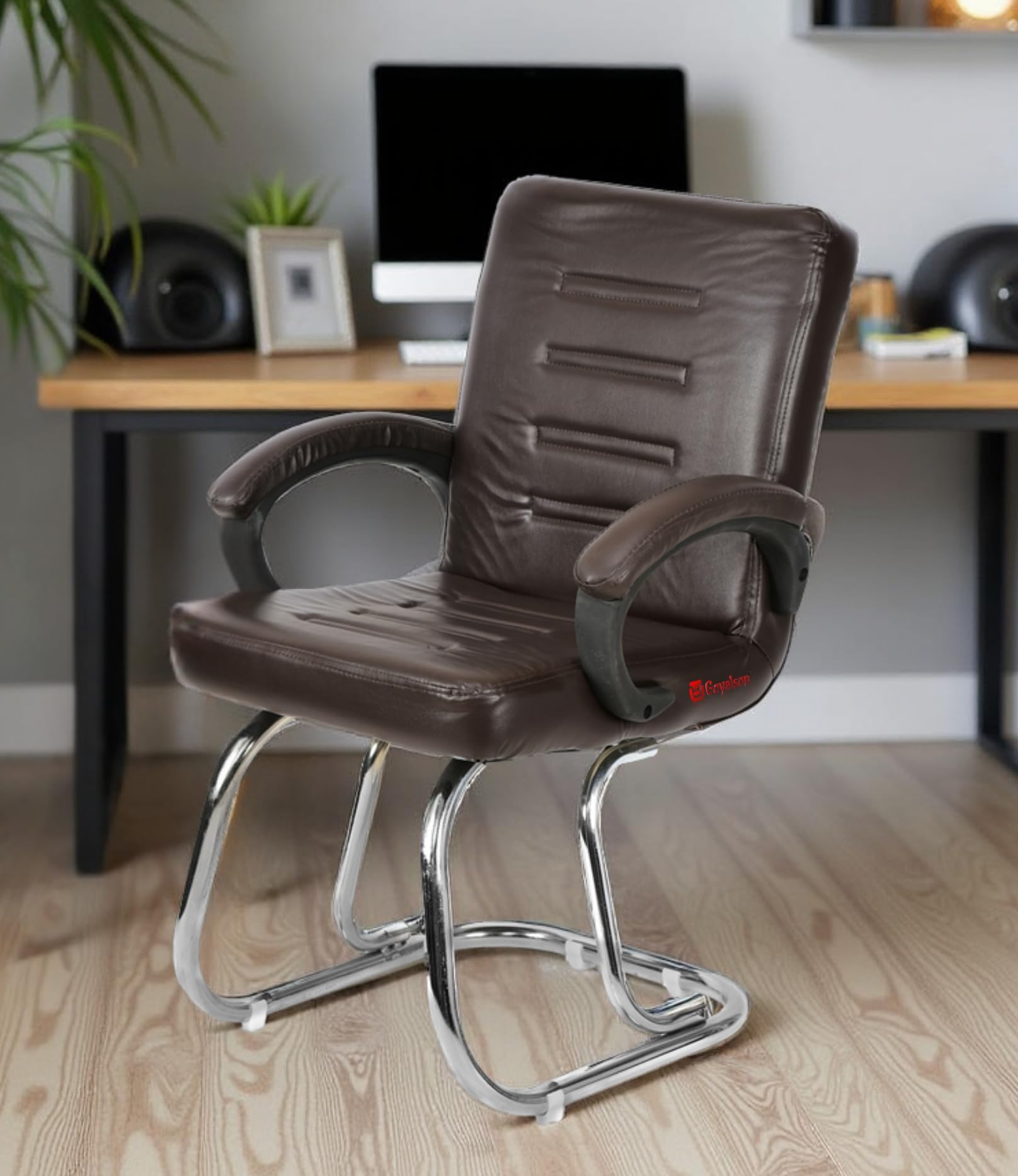 Executive Office Home Study Chair with Cushioned Arm Rest and Seat Back, Reception or Conference Room Seating, 100 Kgs Limit (Coffee, Heavy Double Pipe Chrome Frame, Pack of 1)
