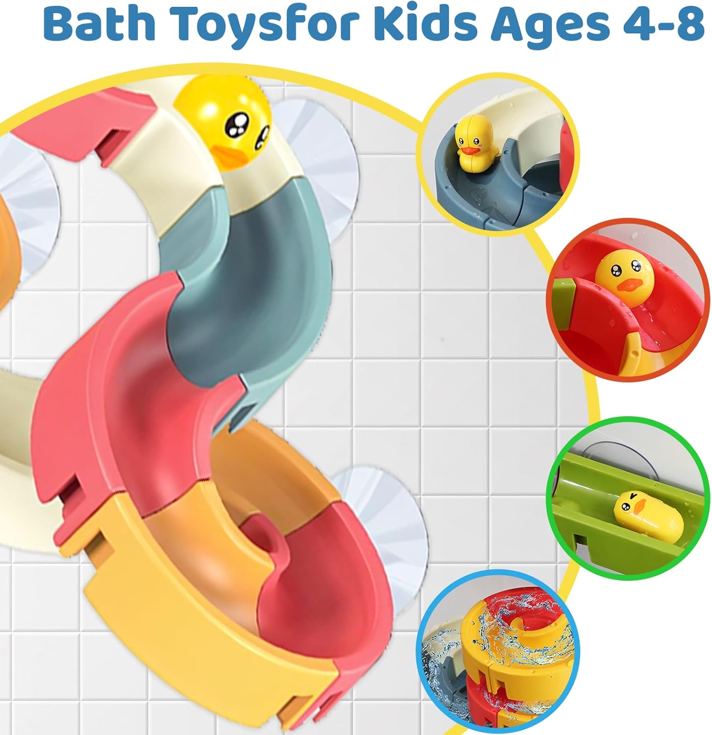 48PCS Toddler Bath Toys for Kids Ages 3-5,DIY Duck Slippery Slide Track Baby Bath Tub Toys with Suction Cups, for Baby Infant Boys Girls Bath Time Ages 2 3 4 5 6 7 8Years Old