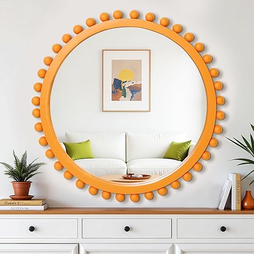 Miniatura 8 de Espejo redondo de madera con cuentas de madera, espejo de pared circular de 24 pulgadas para decoración de pared de sala de estar, baño, entrada,