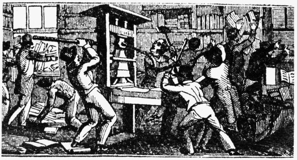 Elijah Parish Lovejoy N(1802-1837) American Abolitionist LovejoyS Printing Press At Alton Illinois In The Hands Of A Pro-Slavery Mob 7 November 1838 Wood Engraving From A Contemporary Anti-Slavery Alm