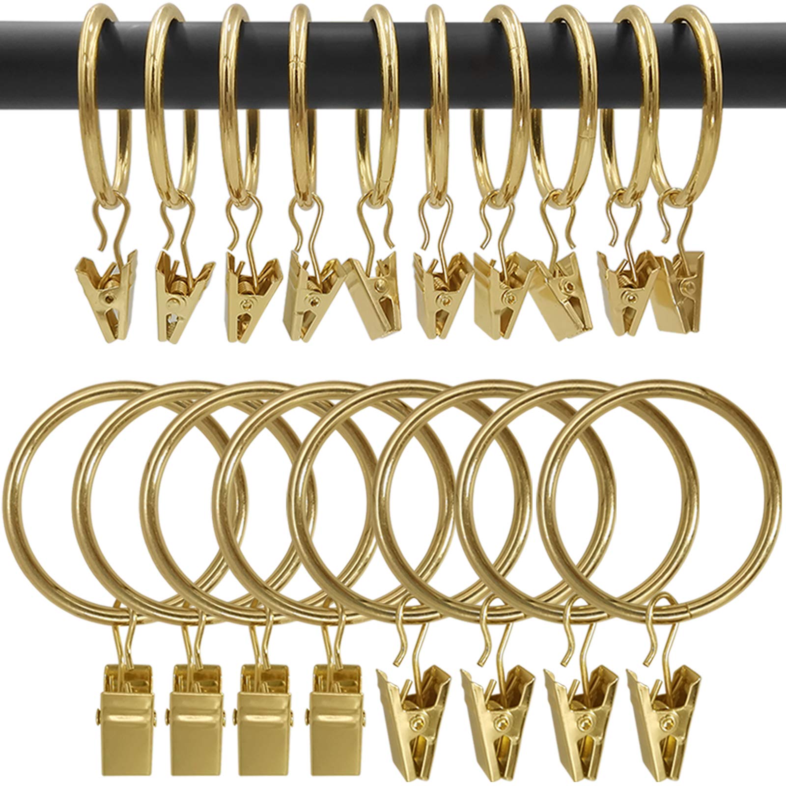 AMZSEVEN 100 Pack Metal Curtain Rings with Clips, Drapery Clips Hooks, Decorative Curtain Rod Clips 1.5 in Interior Diameter, Gold
