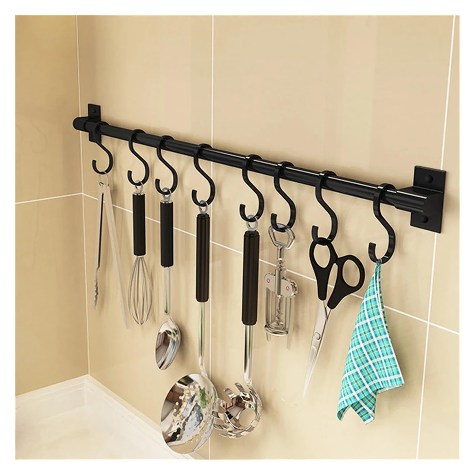 Barra Utensilios Cocina Perchero de cocina con ganchos de pared, sin perforaciones, for colgar utensilios de cocina, cucharas, palas y tablas de cortar.(Black 50CM)