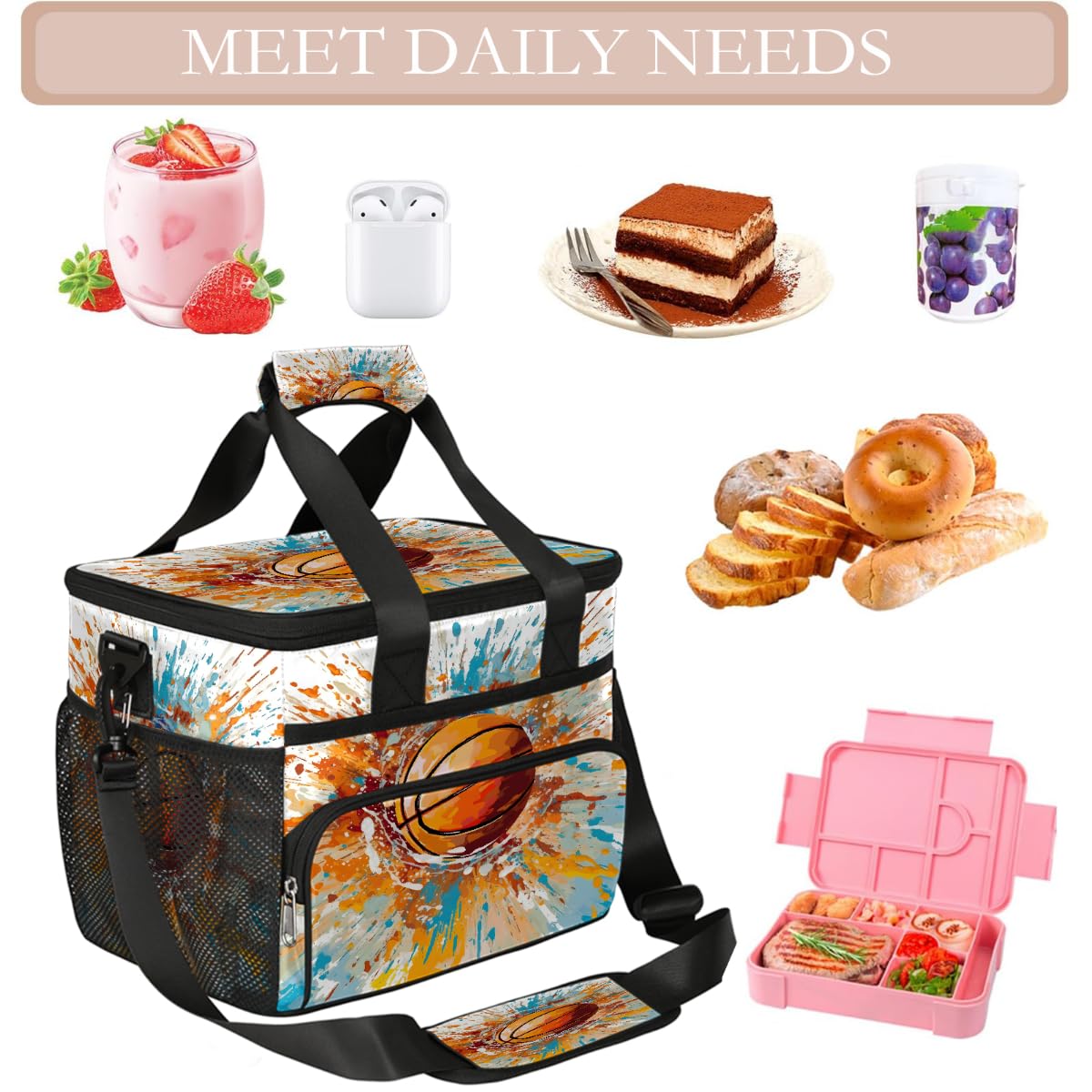 Mexpekil Borsa termica riutilizzabile a prova di perdite per il pranzo, ad acquerello, basket, picnic, borsa termica per sport, per donne, uomini, lavoro, campeggio, spiaggia, ufficio, 24 lattine, 15