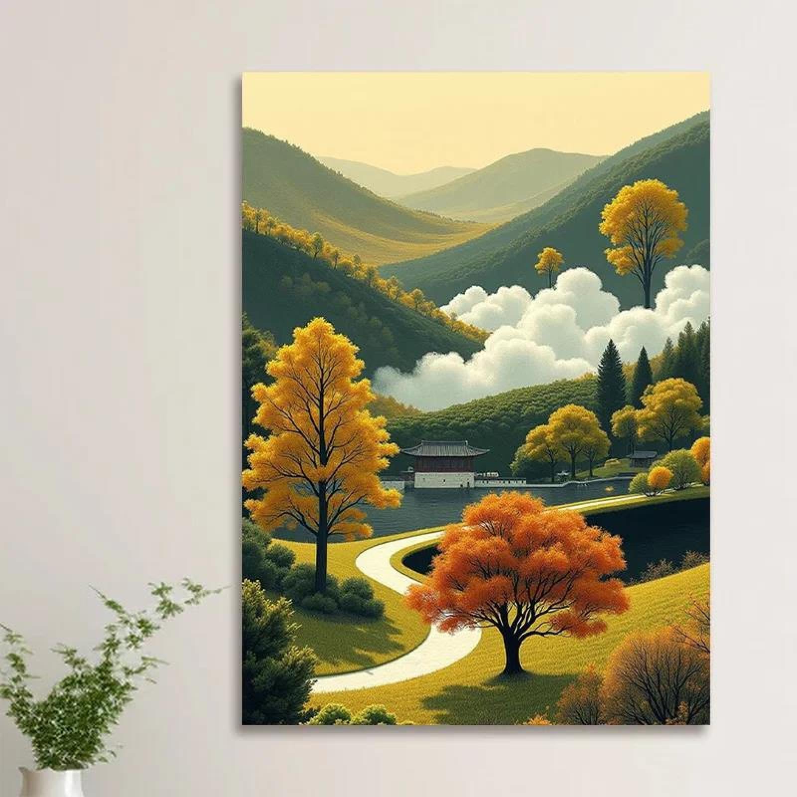 Yocheng Vibrant Autumn Landscape Canvas Wall Art-Serene Mountain And River Scene With Lush Foliage 60x90cm No Frame