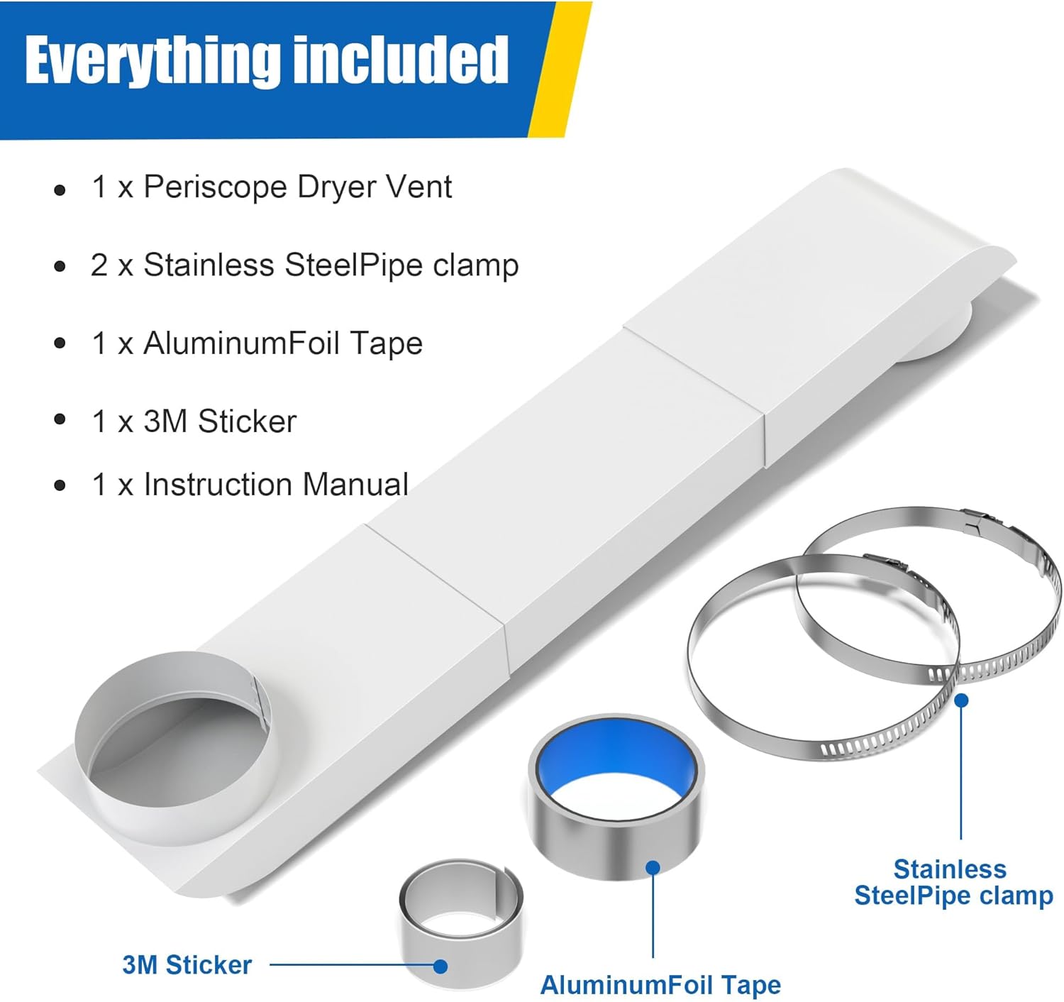 Adjustable Periscope Dryer Vent, 29-45" Telescoping Stainless Steel Dryer Vent Connector Kit for Tight Spaces, Flat Slim Universal Duct Dryer Vent Pipe Hose 4 Inch Dryer Exhaust Vent (White)
