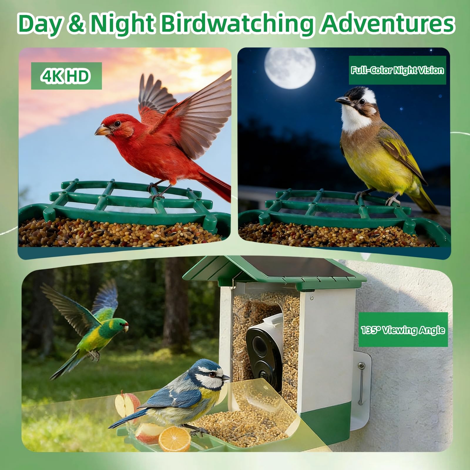 Bird Feeder with Camera, Squirrel Proof Bird Feeder Dual Solar Powered for Outdoors, AI Identify 11,000+ Birds, Real-Time Motion Detection,UHD Live Stream for Birdwatching-Gifts for Bird Lovers - 4