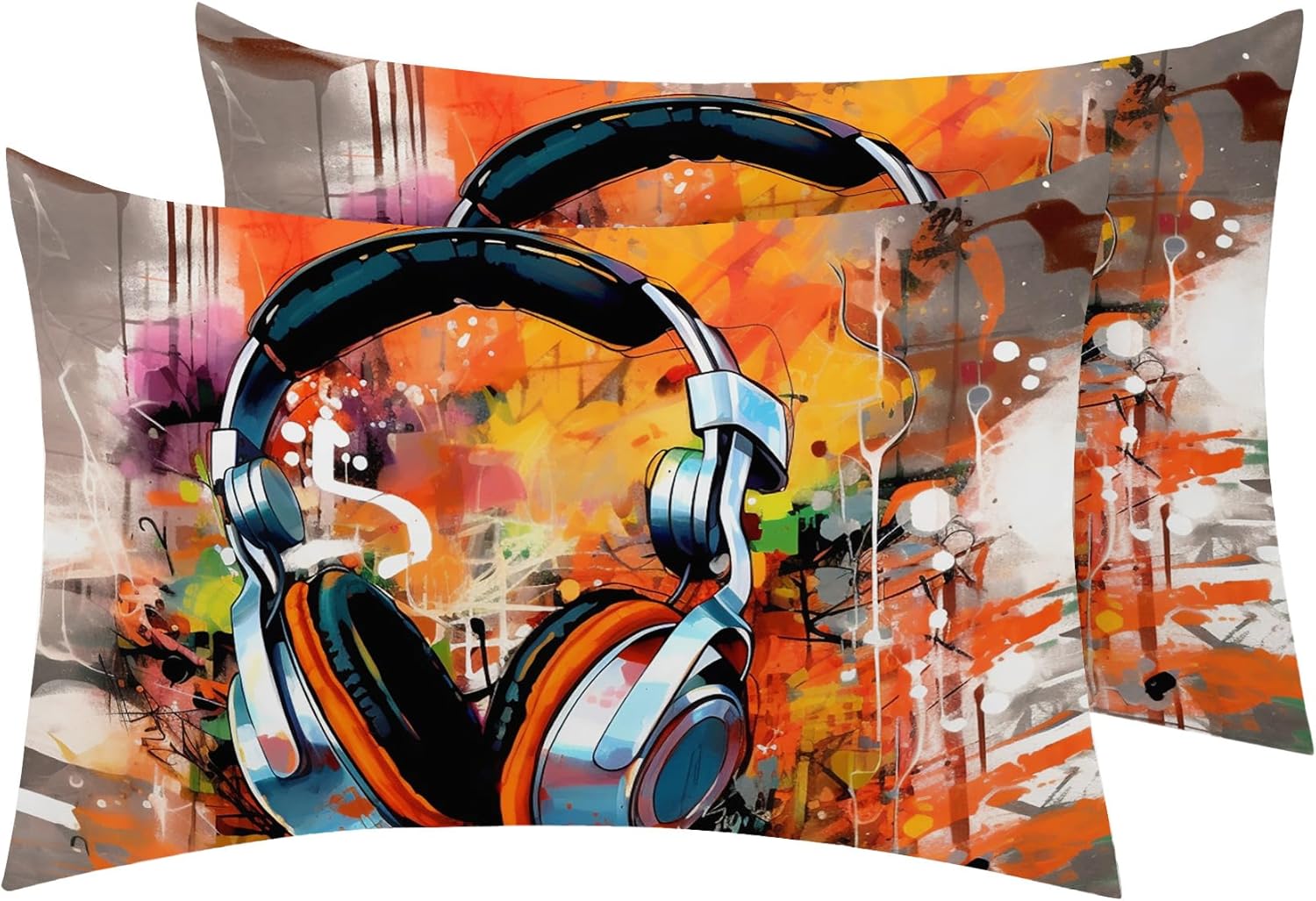 Music Pillow Cases King Size Set of 2 - Soft Breathable Microfiber Pillowcases with Envelope Closure, Musical Instrument Colorful Graffiti Patterned Pillow Covers, Music Gifts for Teens
