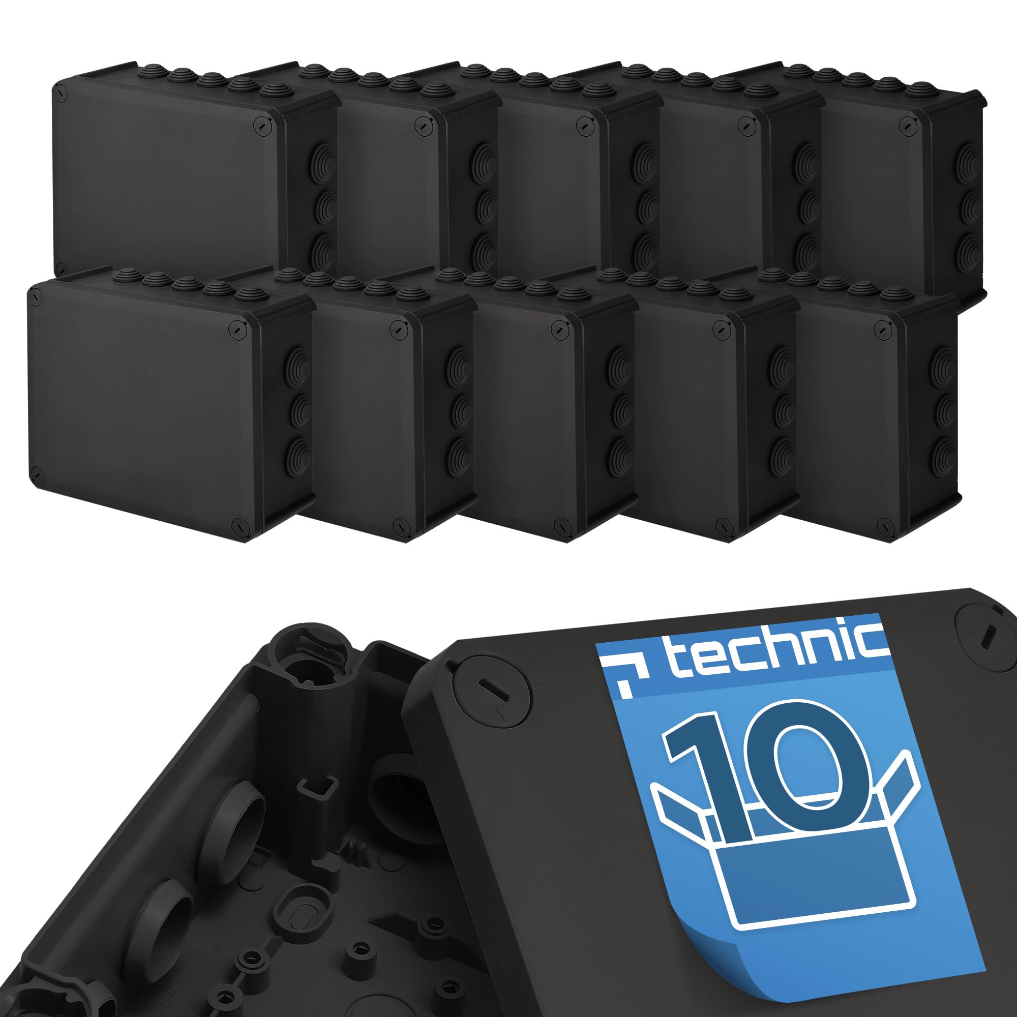 EDO Set 10x Scatola da Parete IP44 Impermeabile 240x190x95 mm Nera | Resistente ai UV, Senza Alogeni – Scatola di Derivazione con Pressacavi e Coperchio a Vite Interno/Esterno