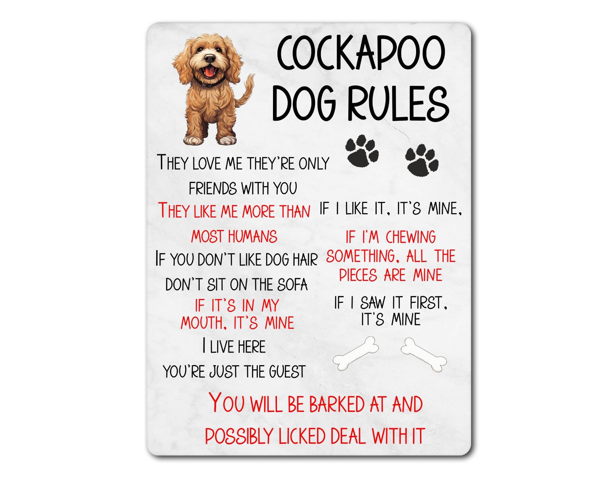Decalarama Dog Color (E.g., Brown, Black, White, Etc.) Cockapoo Dog Metal Sign Gift – Cockapoo Rules – If I Like It It's Mine - Family Fun Pet Animal Novelty Aluminium Present