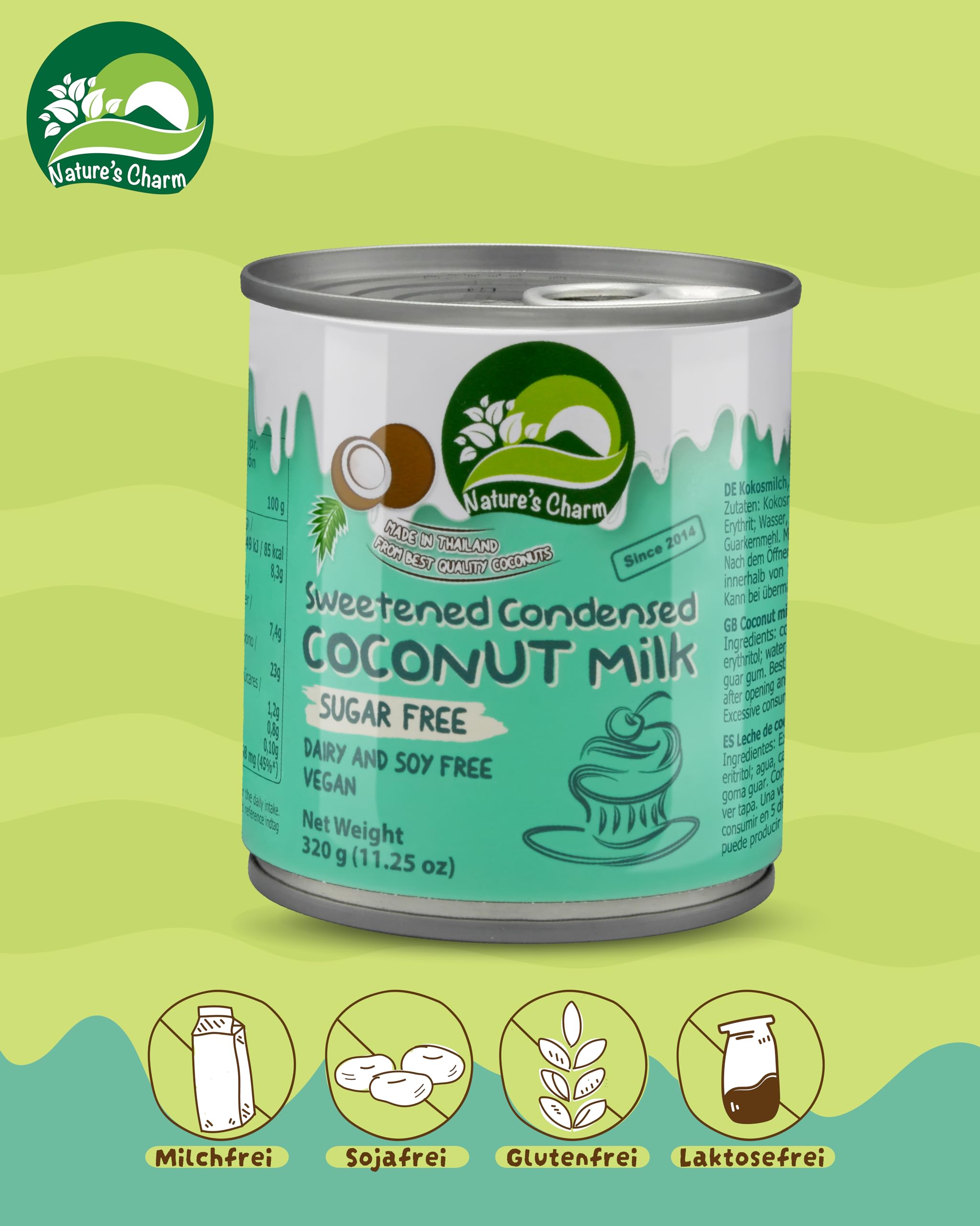 Nature’s Charm eingedickte, gesüßte Kokosnussmilch mit Erythrit I Vegane Kokosmilch ohne Zuckerzusatz I Ideal zum Backen, für cremige Desserts, Kaffee und Tee I 6 x 320 g
