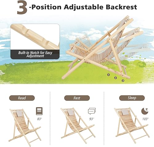 Miniatura 6 de HAPPYGRILL Silla de madera para exteriores, tumbona reclinable ajustable con 3 posiciones ajustables y reposacabezas acolchado, tumbona de madera