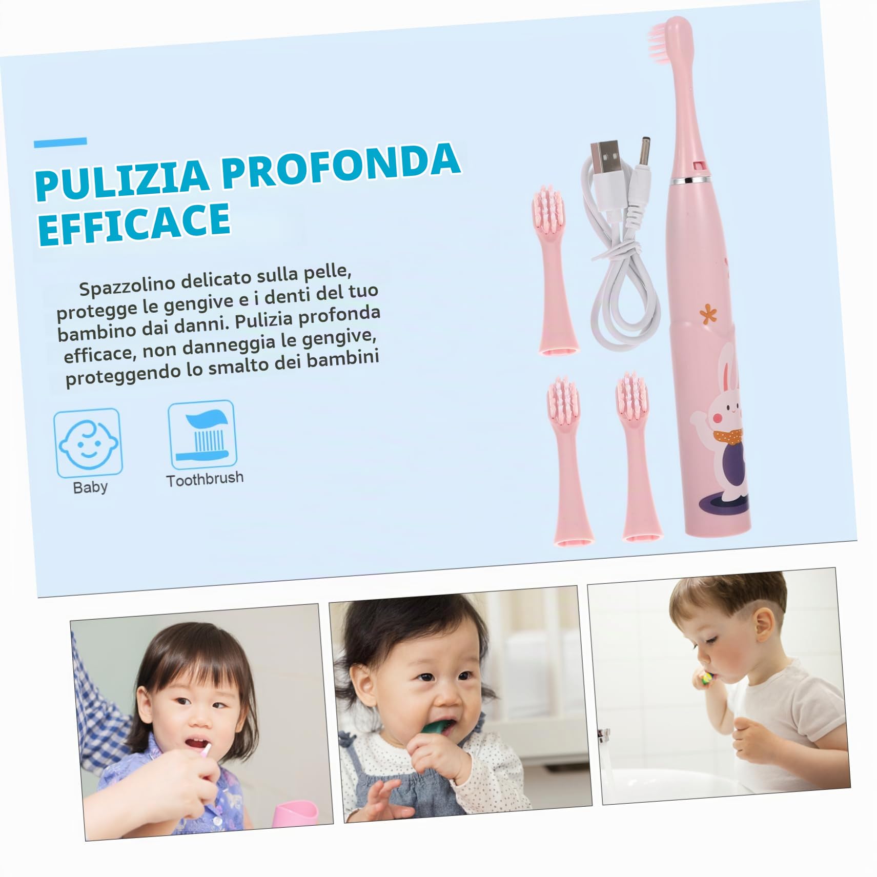 Gatuida Spazzolino Elettrico Ricaricabile Per Bambini Set 3 Pezzi Con 9 Testine Design Cartoon Portatile E Sicuro Per Pulizia Profonda Dei Denti Dei Bambini