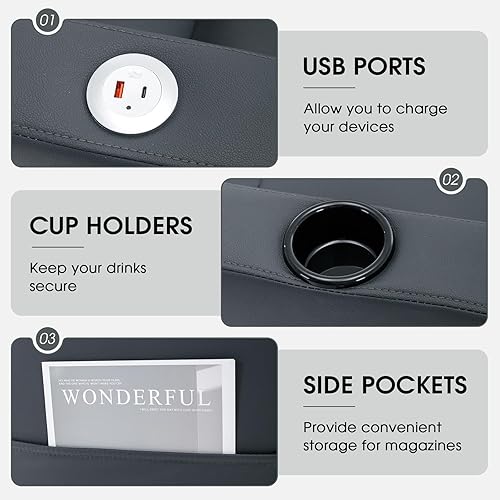 Miniatura 4 de NIOIIKIT Cama extraíble convertible 3 en 1, sofá cama individual tapizado de cuero con puertos USB, portavasos y bolsillos laterales, diván para