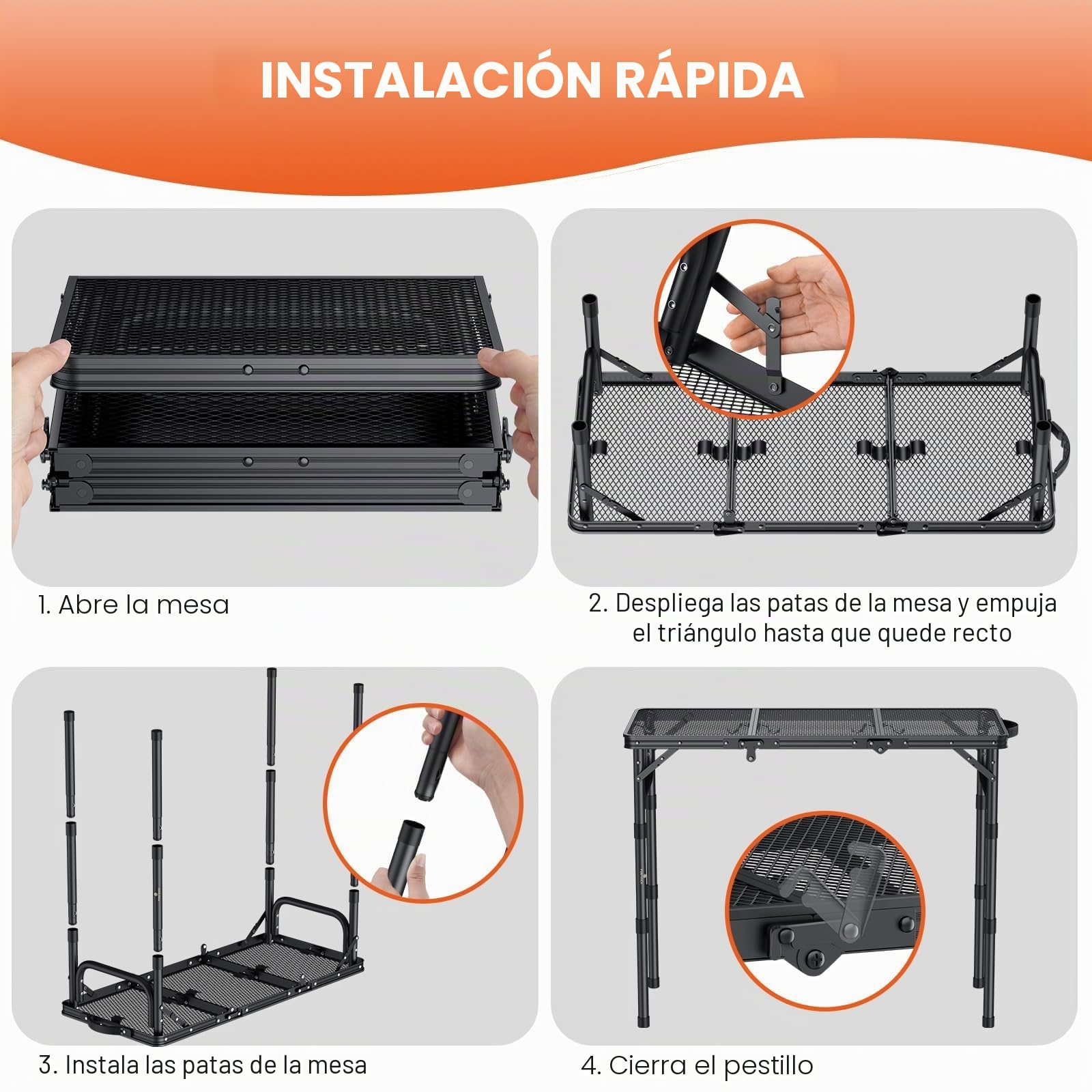 FUNYKICH Mesa Plegable Portátil para Barbacoa 87x40cm, Mesa Plegable Camping Alturas Ajustables (26/48/70cm), Superficie de Malla Aluminio Impermeable, Montaje Rápido, para Camping, Jardín y Fiestas